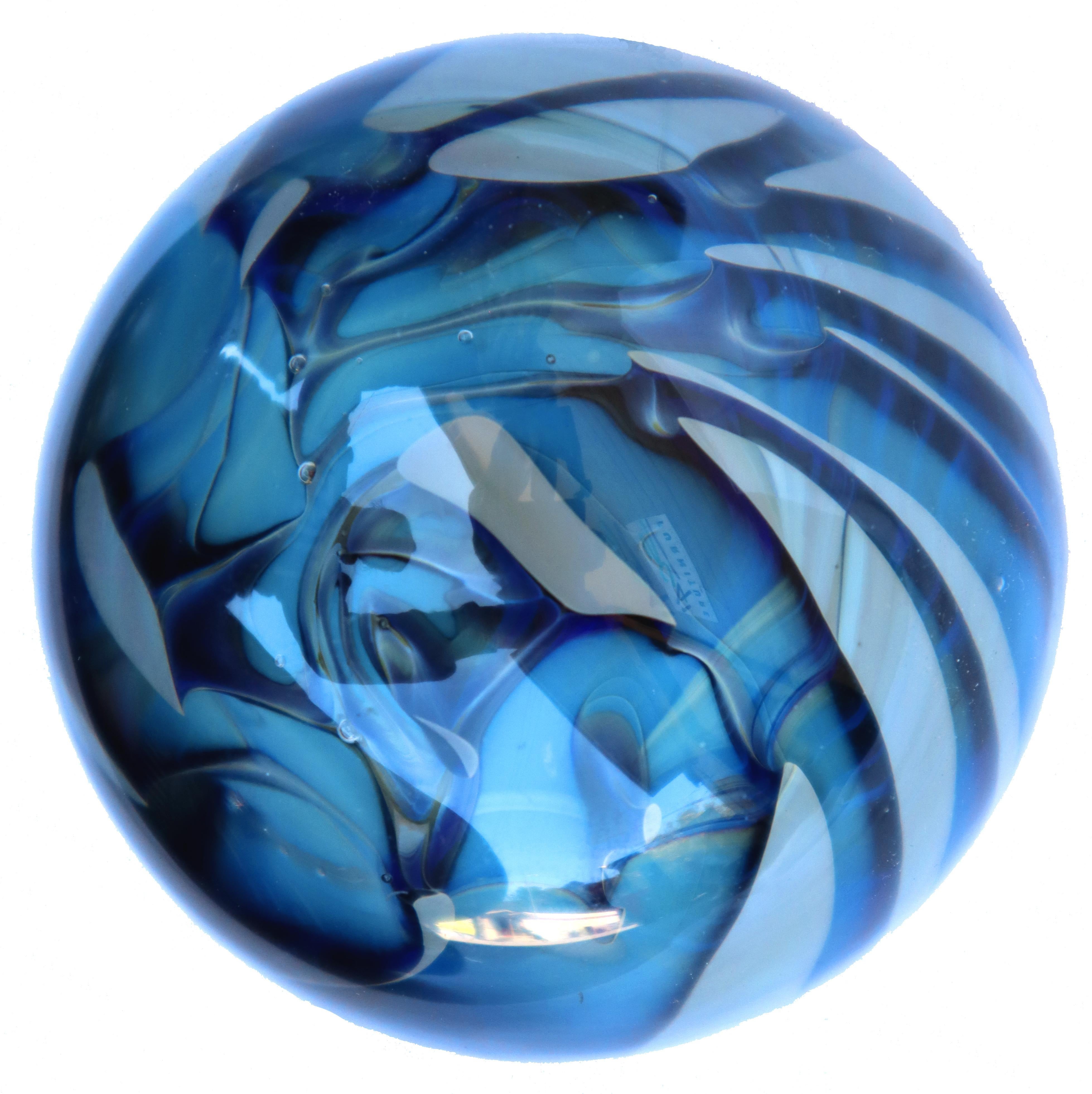 Blue spherical paperweight by Randy Strong (American). Signed and dated 
