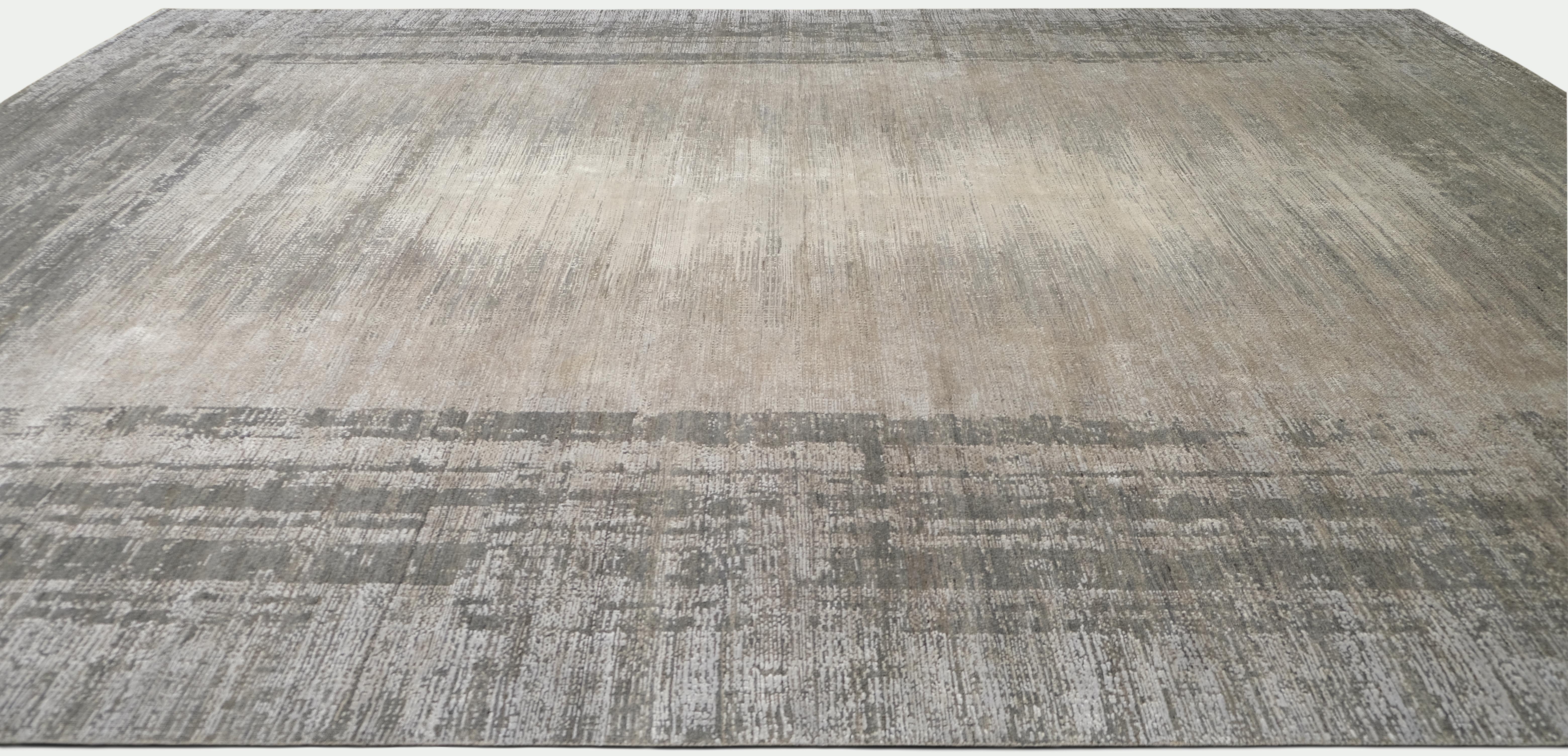 Abstrakter grauer Woll- und Seidenteppich mit Gradient-Bordürenmuster 8'x10' (Asiatisch) im Angebot