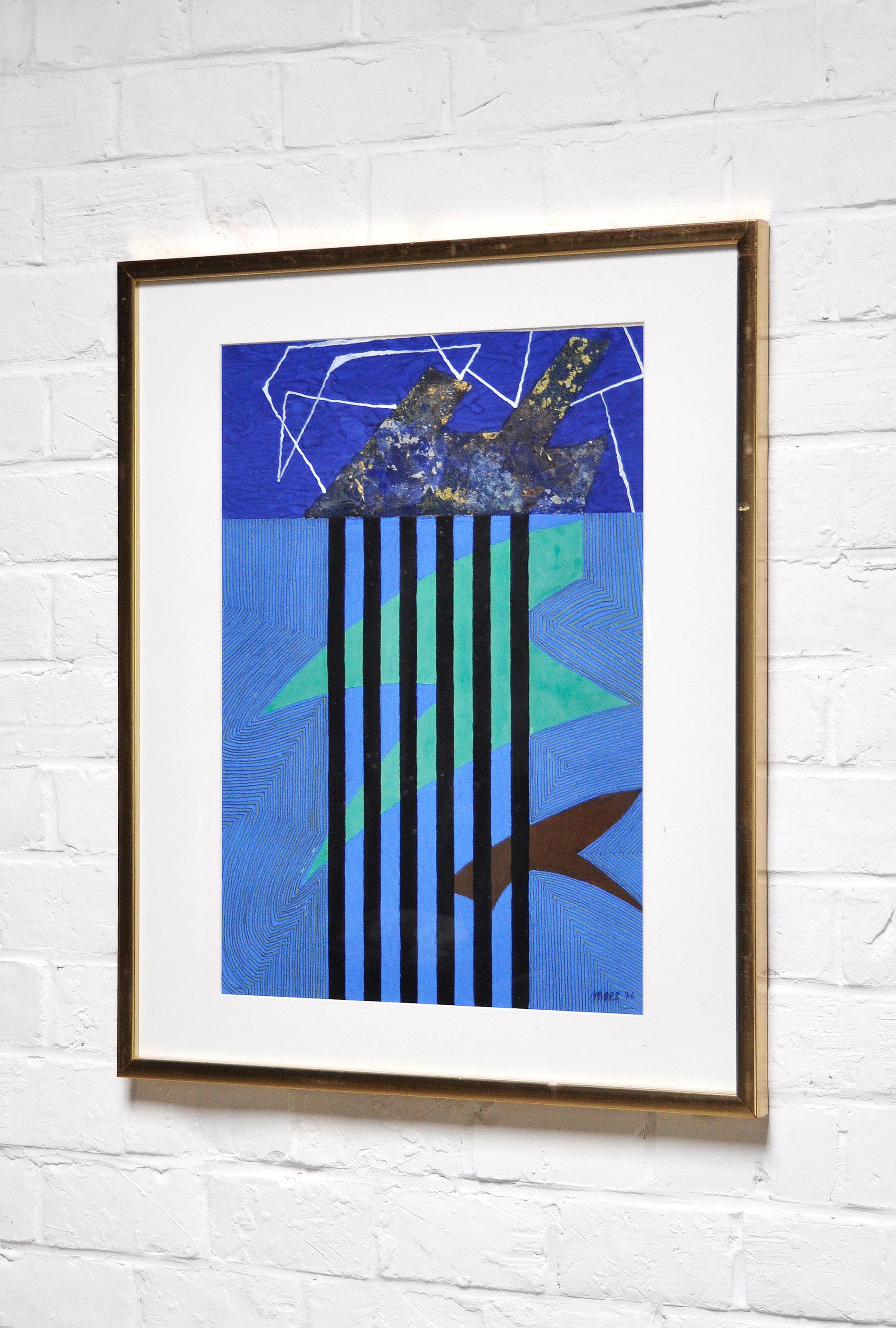 A colorful abstract gouache on paper by Belgian artist Jozef Mees, dated 1976. Framed behind glass with a golden frame.

Jozef Mees (1998-1987) is a Belgian visual artist who was active as a painter, architect, and interior designer. A student of