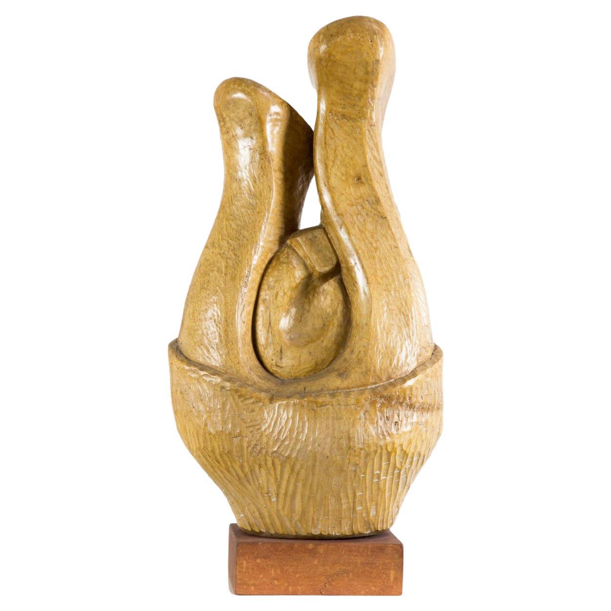 Abstract Hand Carved Wooden Sculpture, by Artist Laszlo Feldman, 1970s For Sale
