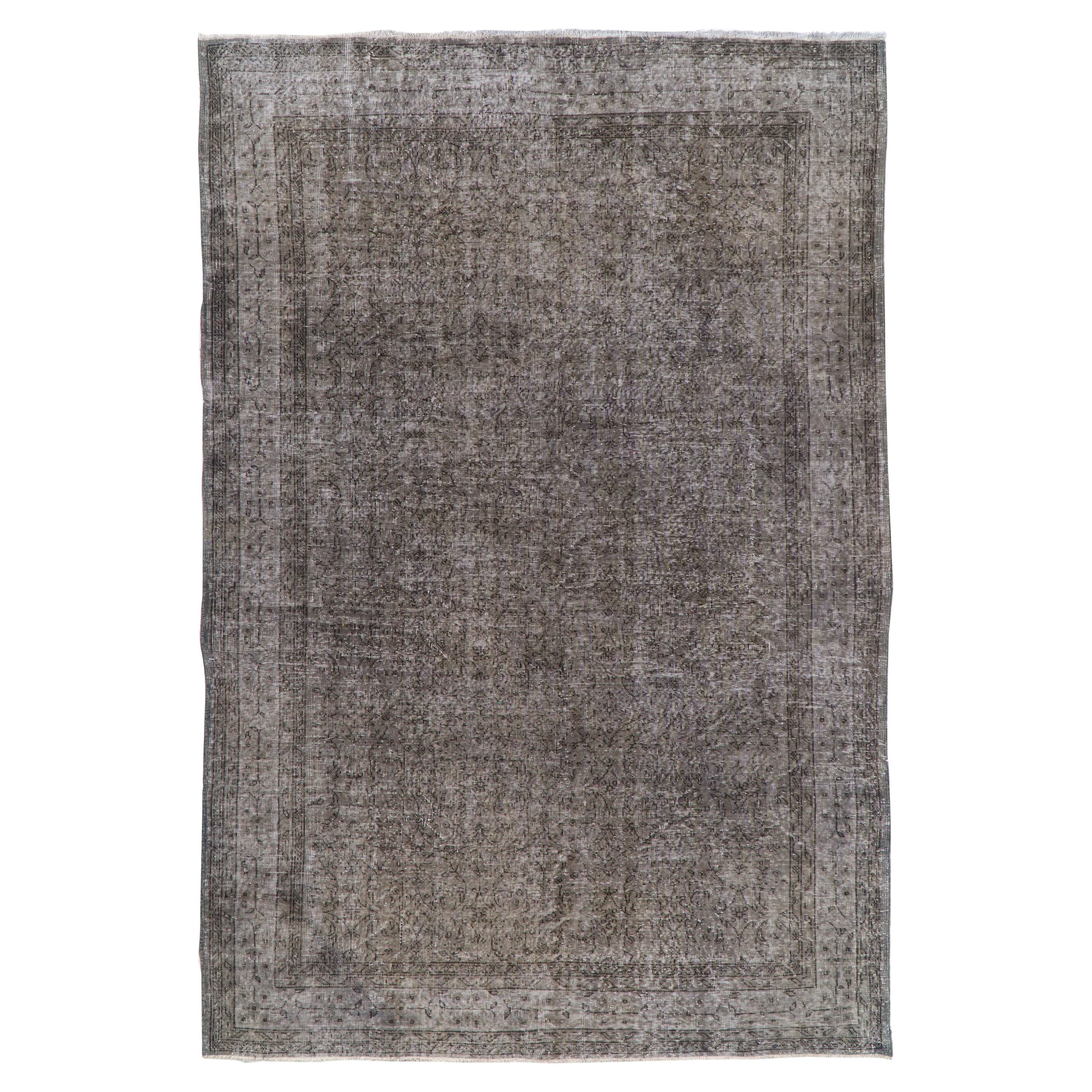 7x10.5 Ft Abstract Hand-Knotted Vintage Contemporary Rug Over-Dyed in Gray Color