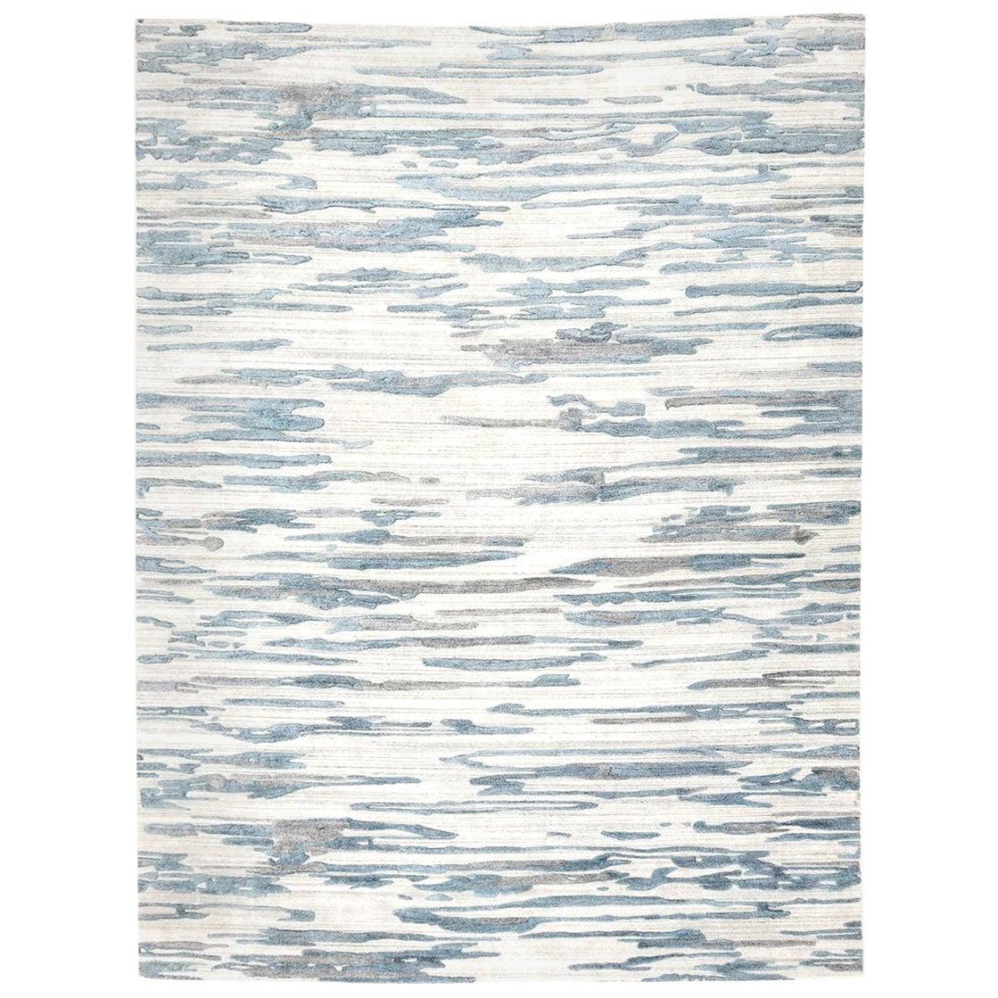 Abstract Handmade Blue and Gray Wool and Silk Rug