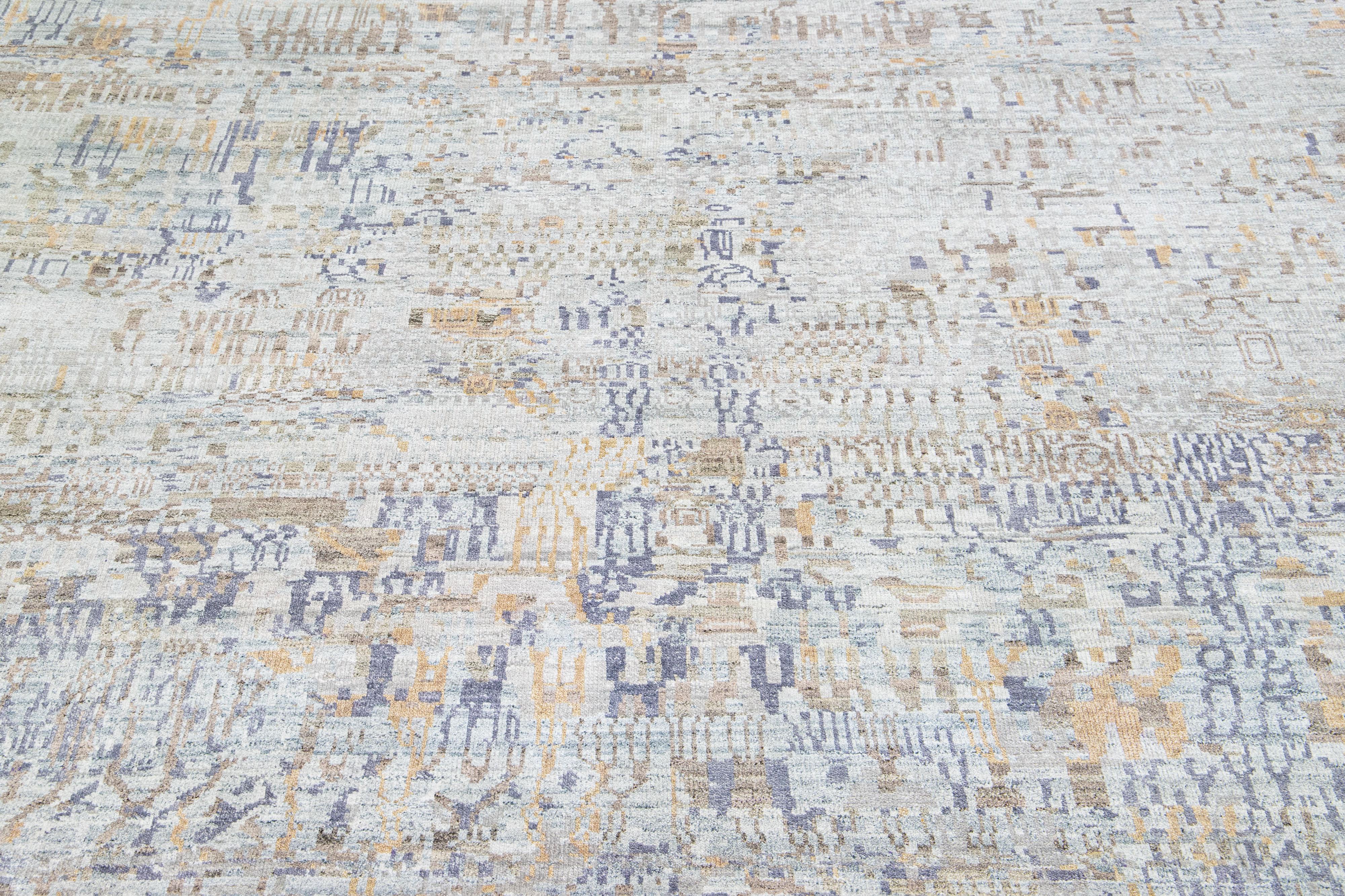 Abstrakter handgefertigter moderner Teppich aus Wolle und Seide in Grau im Zustand „Neu“ im Angebot in Norwalk, CT