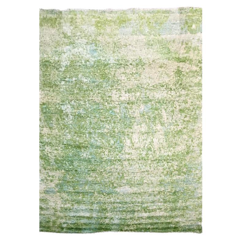 Abstrakter handgefertigter Teppich aus Seide und Wolle in grünem Design. 3,00 x 2,40 M im Angebot