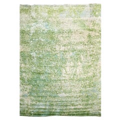 Tapis abstrait fait à la main en soie et laine à motif vert. 3,00 x 2,40 M