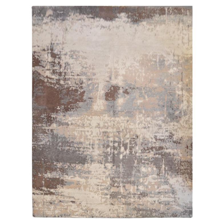 Abstract Handmade Silk and Wool Rug Grey, Brown and Blue Design