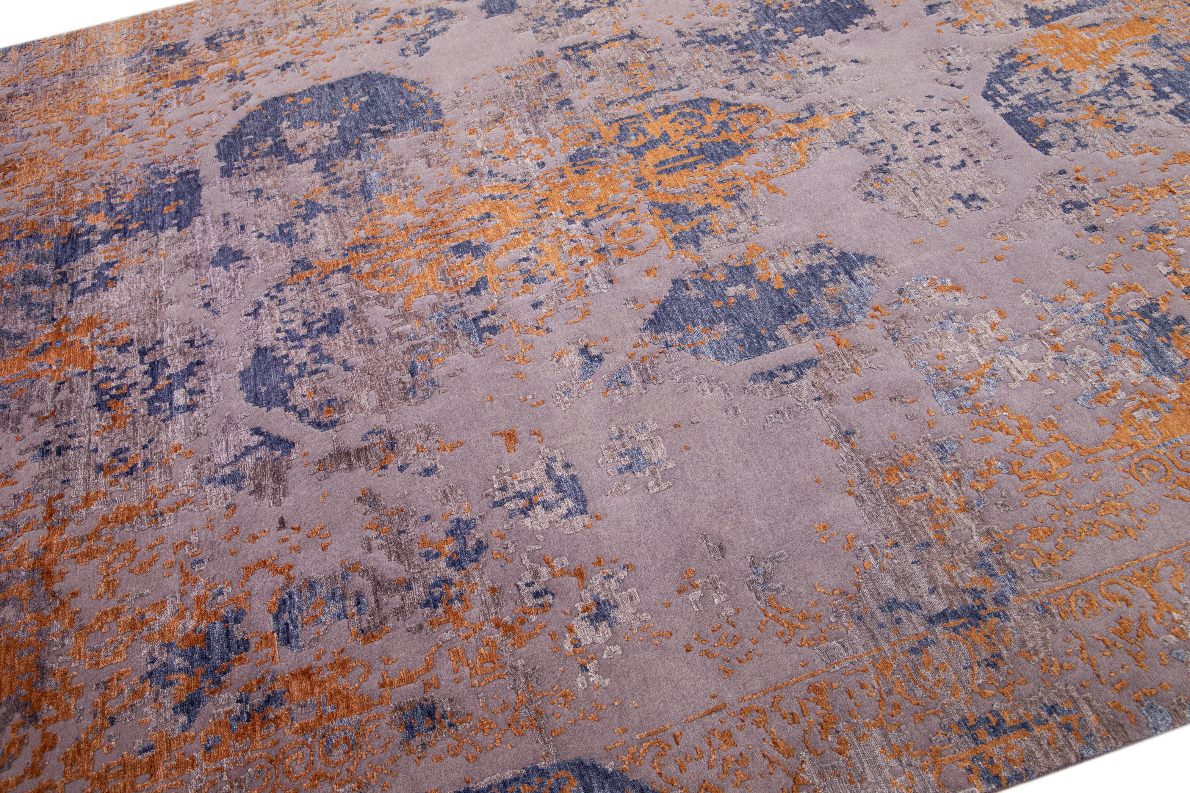Tibetan Abstract Handmade Wool & Silk Rug in Blue and Orange For Sale