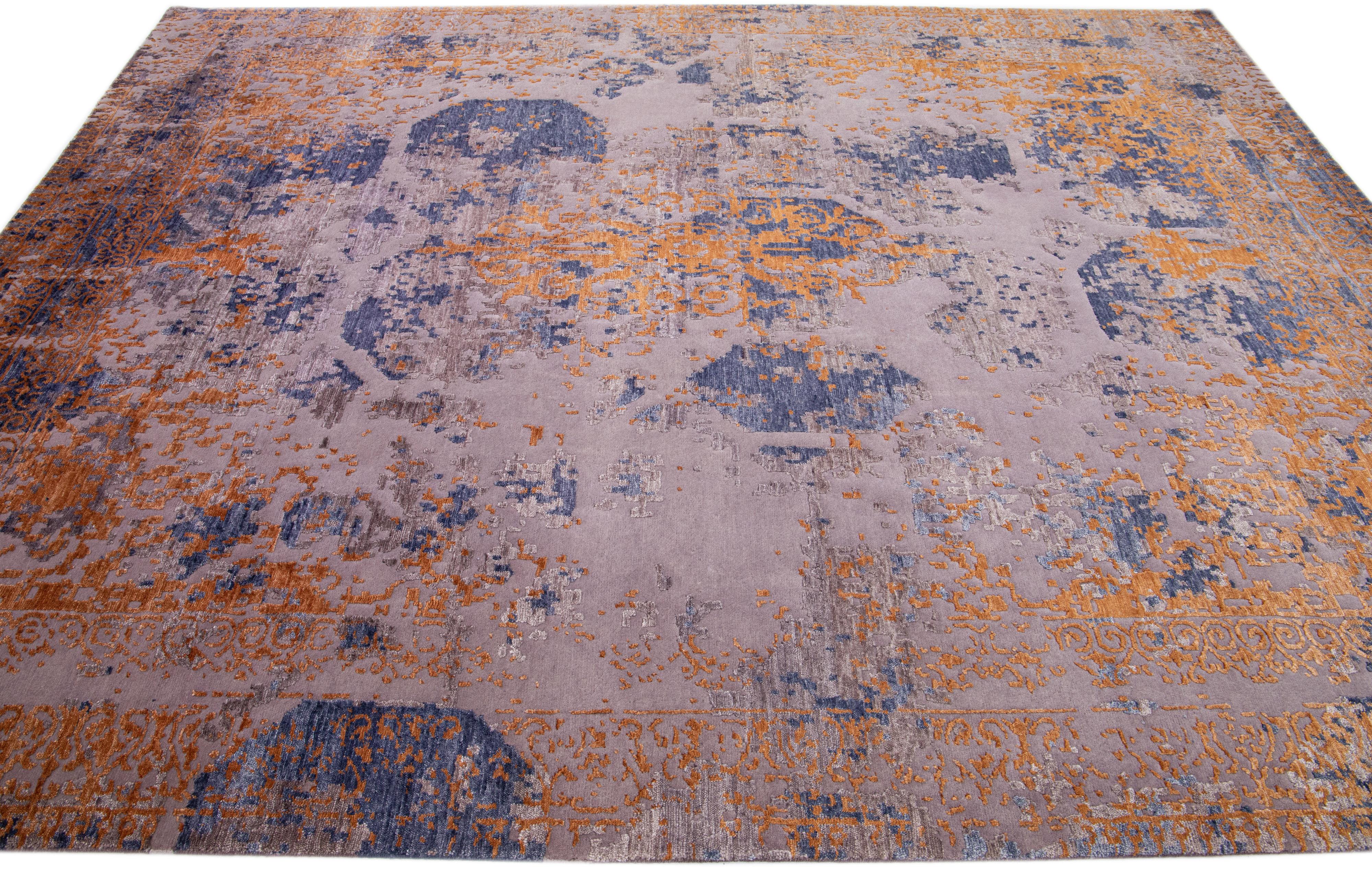 Indian Abstract Handmade Wool & Silk Rug in Blue and Orange For Sale