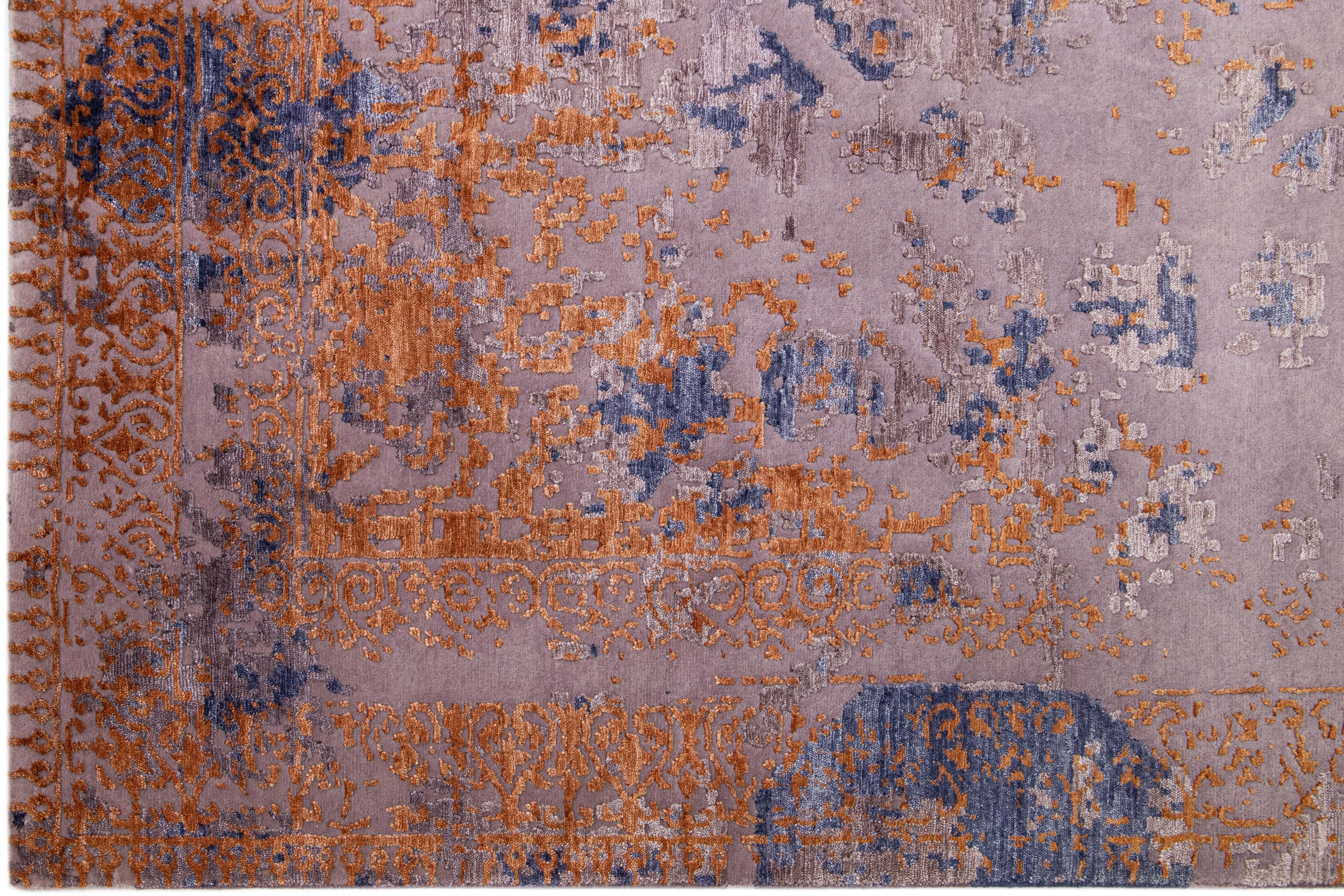 Hand-Knotted Abstract Handmade Wool & Silk Rug in Blue and Orange For Sale