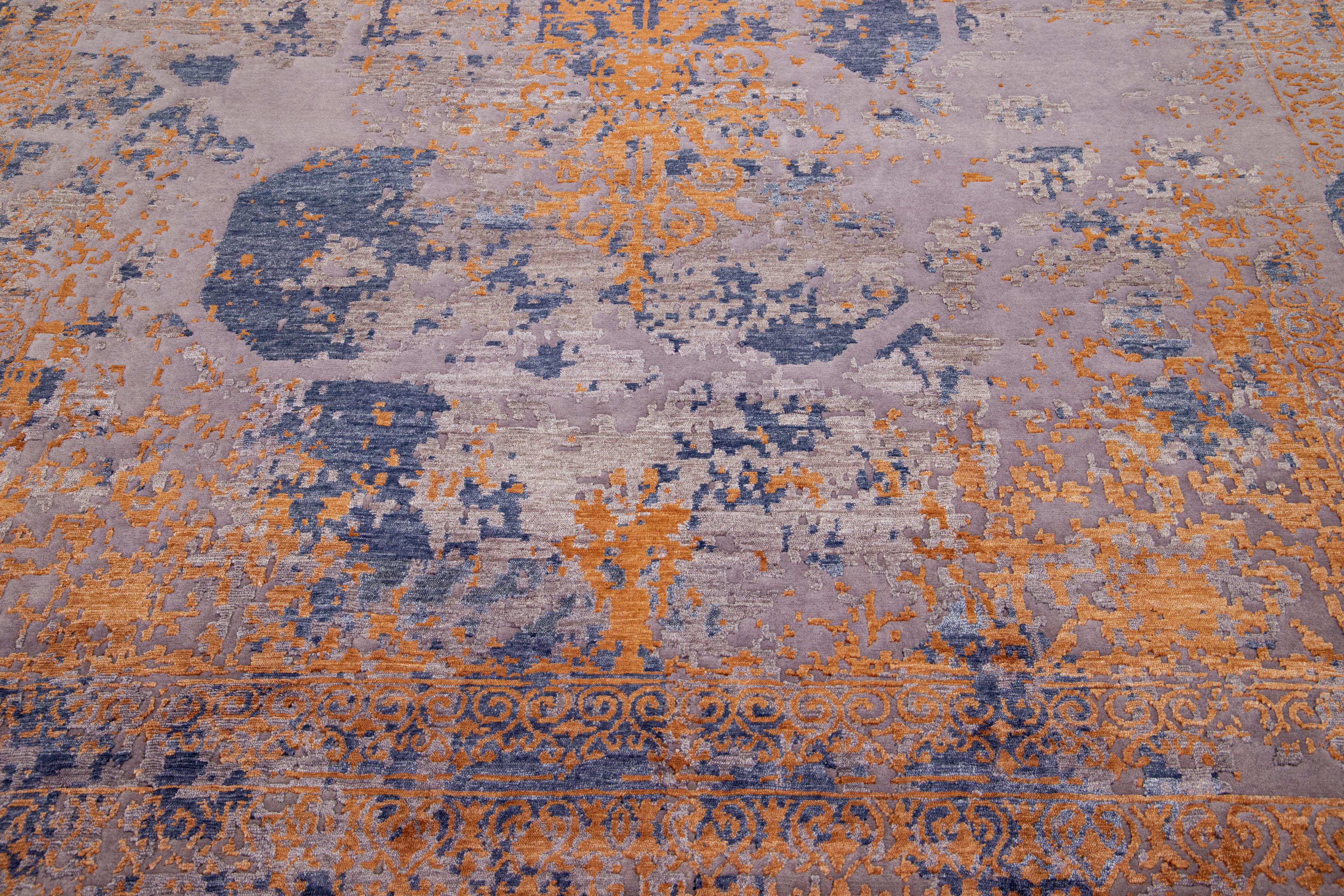 Abstract Handmade Wool & Silk Rug in Blue and Orange In New Condition For Sale In Norwalk, CT