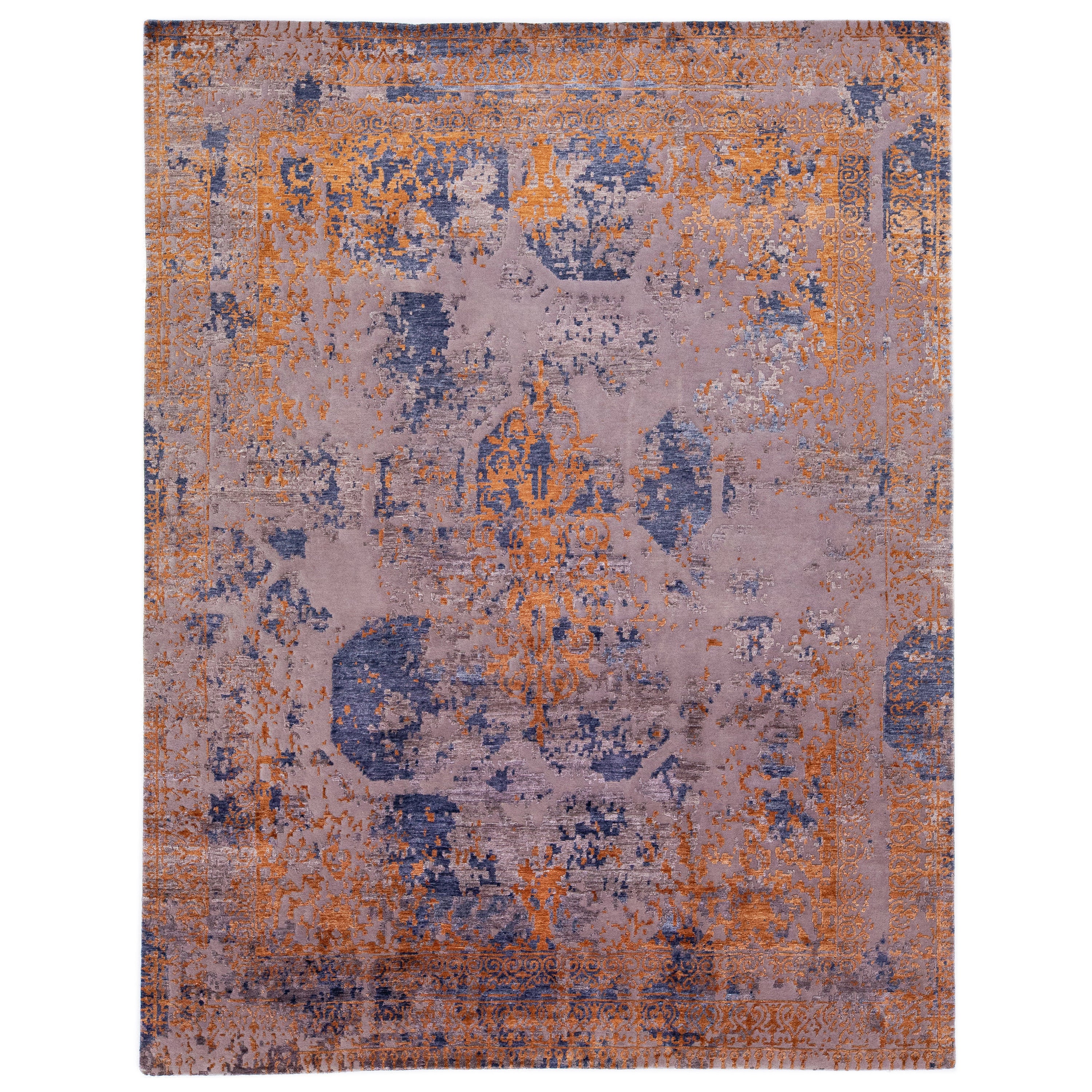 Tapis abstrait en laine et soie fait à la main en bleu et orange en vente
