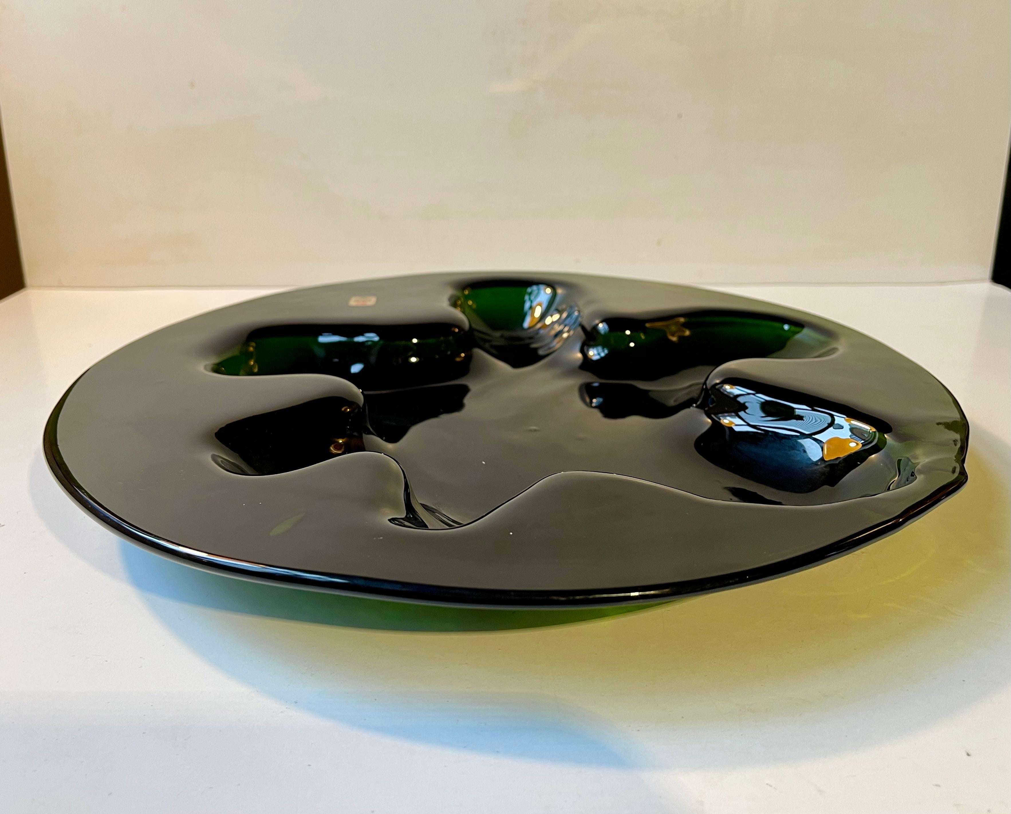 Scandinavian Modern Abstract Ikebana Flower Dish in Green Glass by Michael Bang for Holmegaard For Sale
