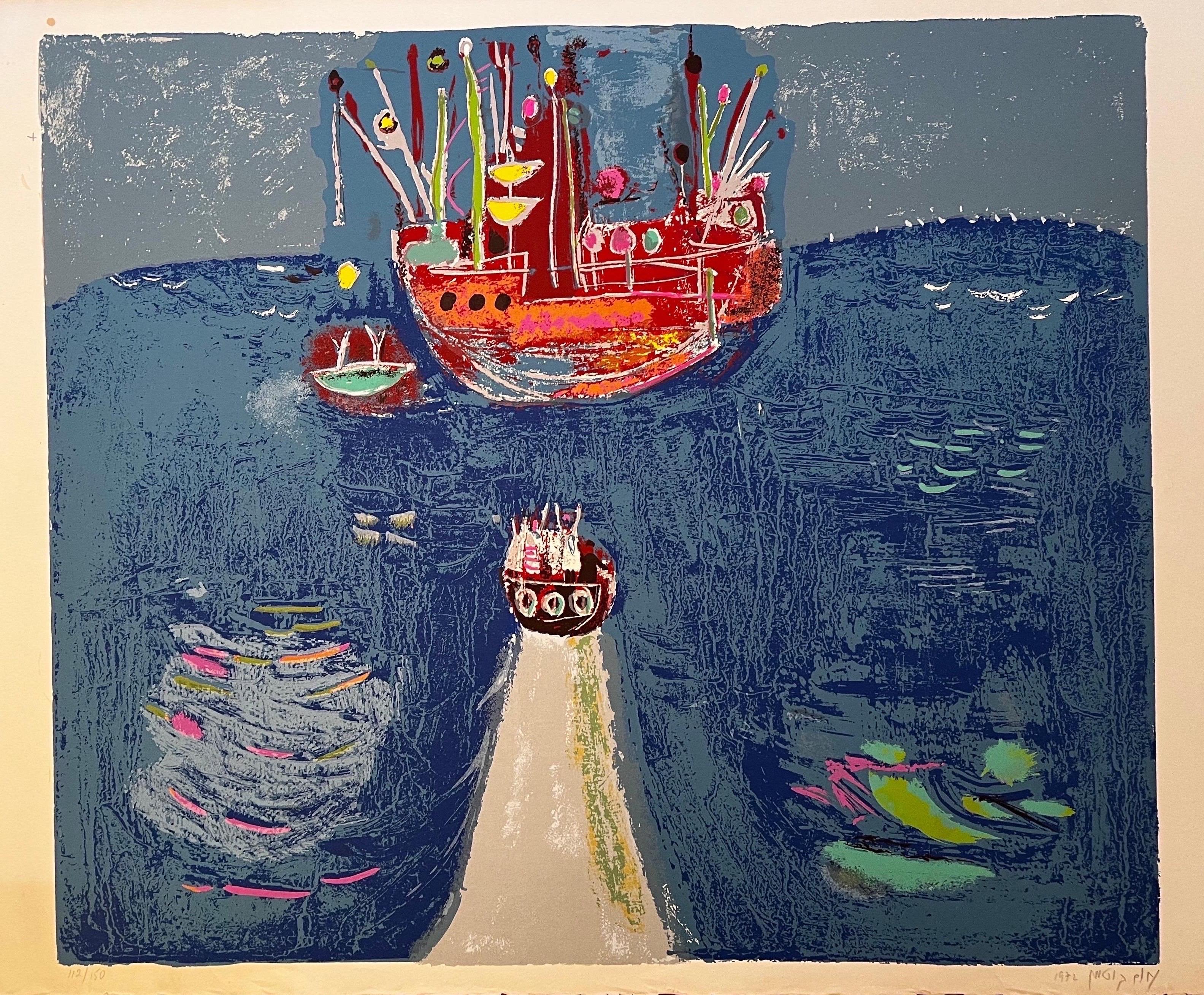 Moderne Image abstraite de bateaux - Lithographie - signée en vente