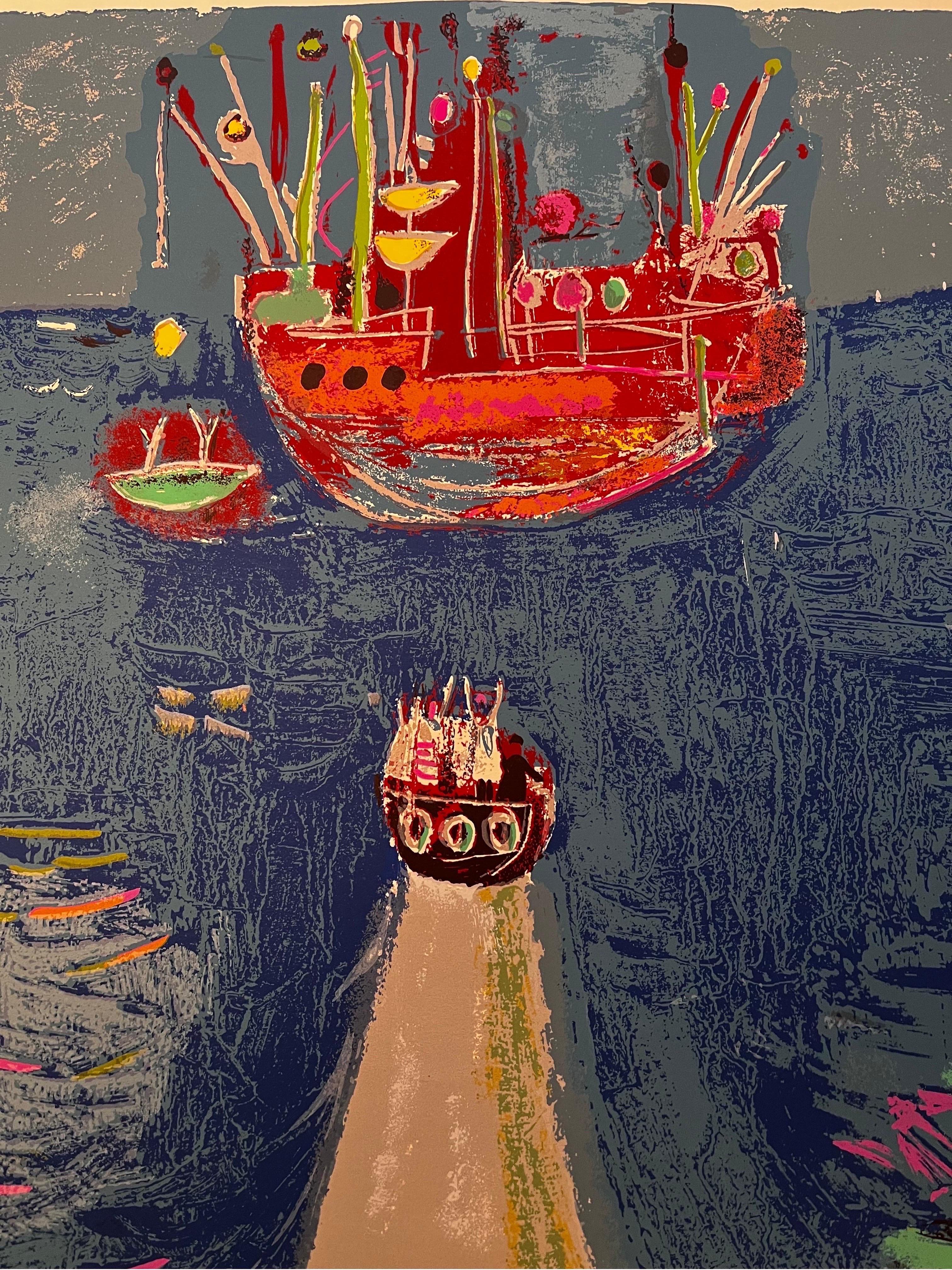 Américain Image abstraite de bateaux - Lithographie - signée en vente