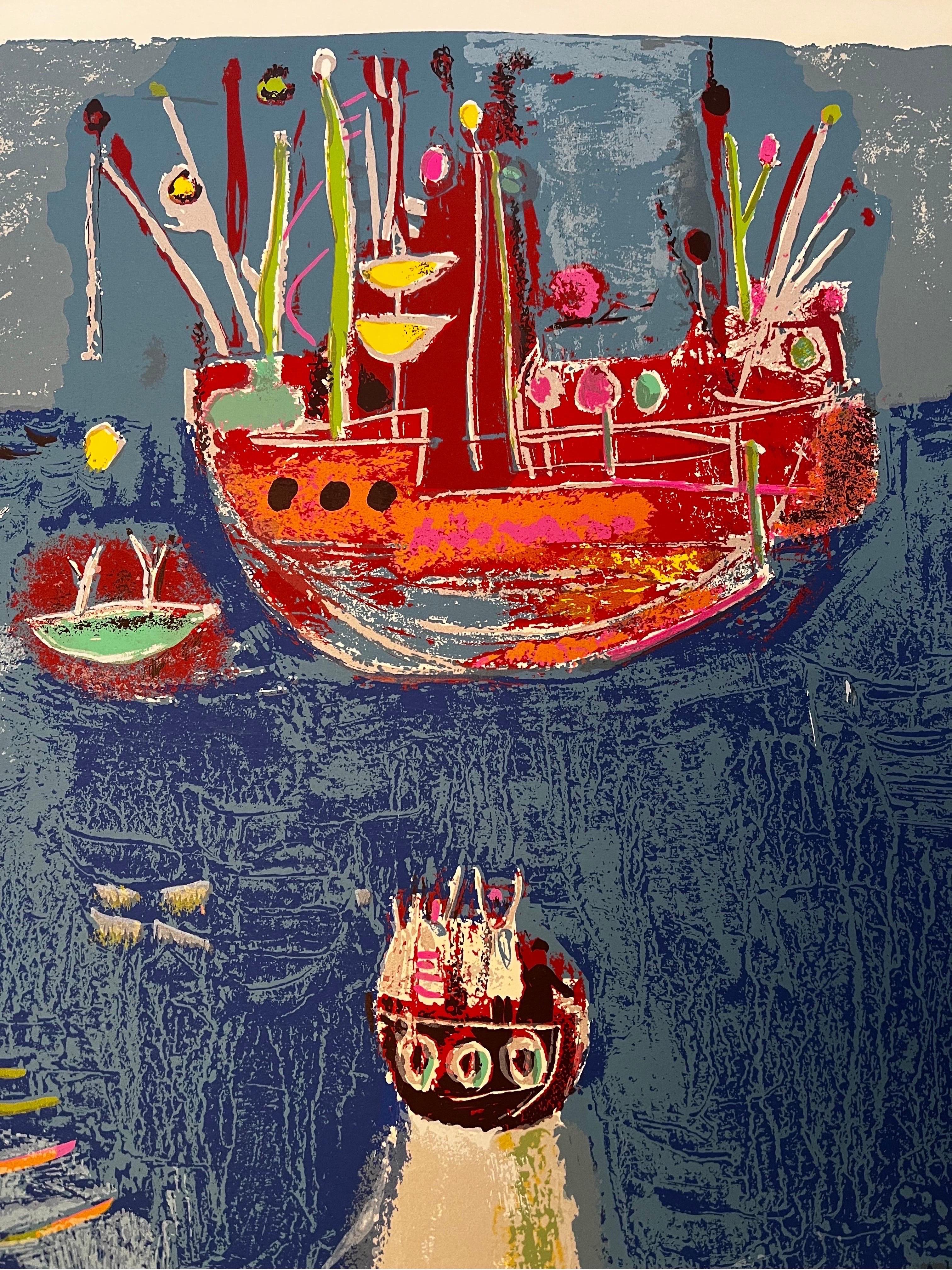 Papier Image abstraite de bateaux - Lithographie - signée en vente