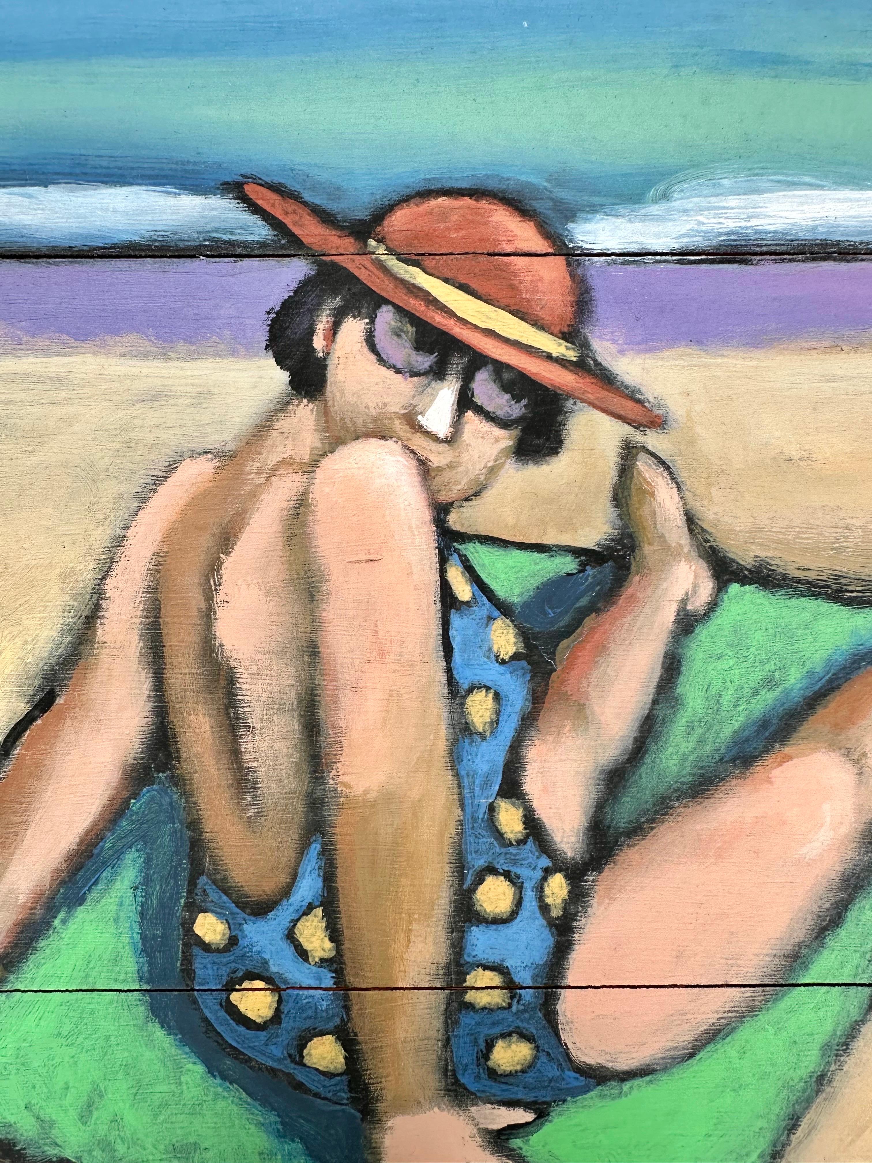 Abstract Impressionist Beach Scene Painting, School of Alfred Chadbourn,
American.

Figurative painting of two sunbathers on the beach. The colorful image is reminiscent of the work of Alfred Chadbourn, the renowned artist from Maine. The artwork,