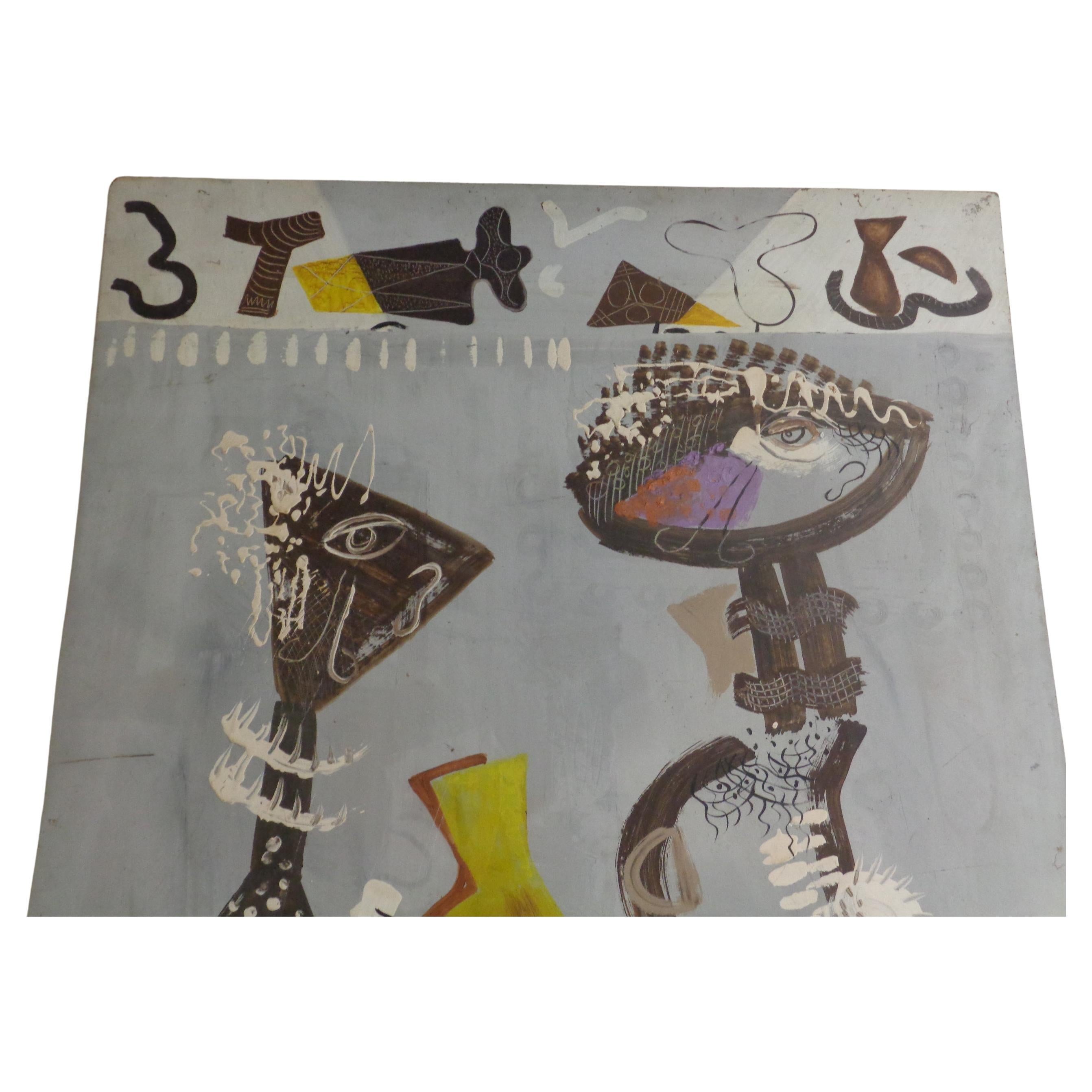 Peinture impressionniste abstraite à l'huile sur masonite de deux personnages avec des symboles par Zoute ( autoportrait de Zoute et de sa femme Thelma ) signée et datée en bas à droite - Zoute '49 ( né Leon Salter - 1903-1976, North Rose, NY )