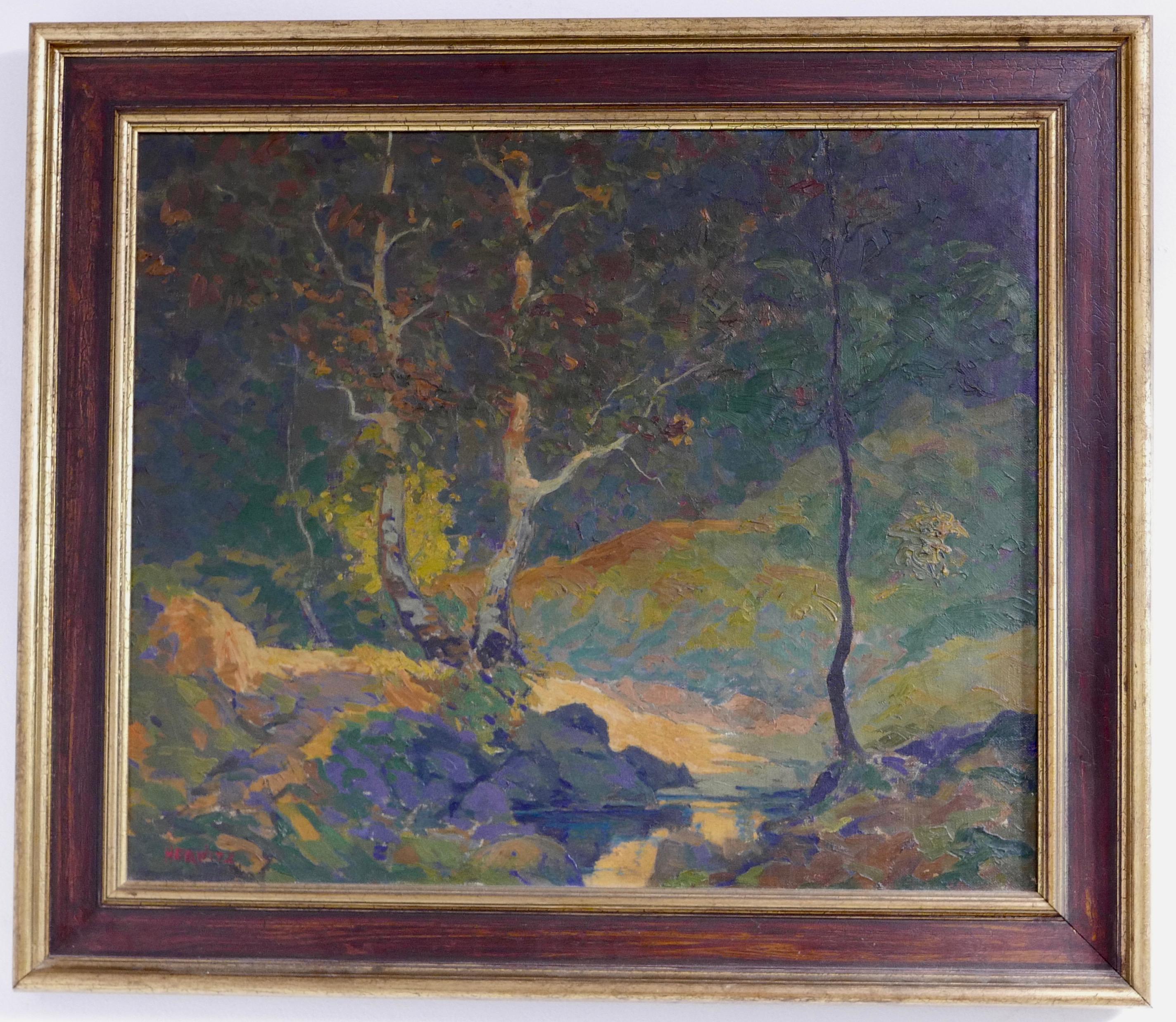 An impressionist inspired colorful oil on canvas landscape painting by California artist William N. Horwitz. Signed LL and dedicated to a friend from Bill Horwitz, 1924 - Banner, California 
in pencil on the back. 

William N. Horwitz
Born in