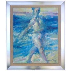 Abstract Impressionist Midcentury Oil Painting of Nude on Beach