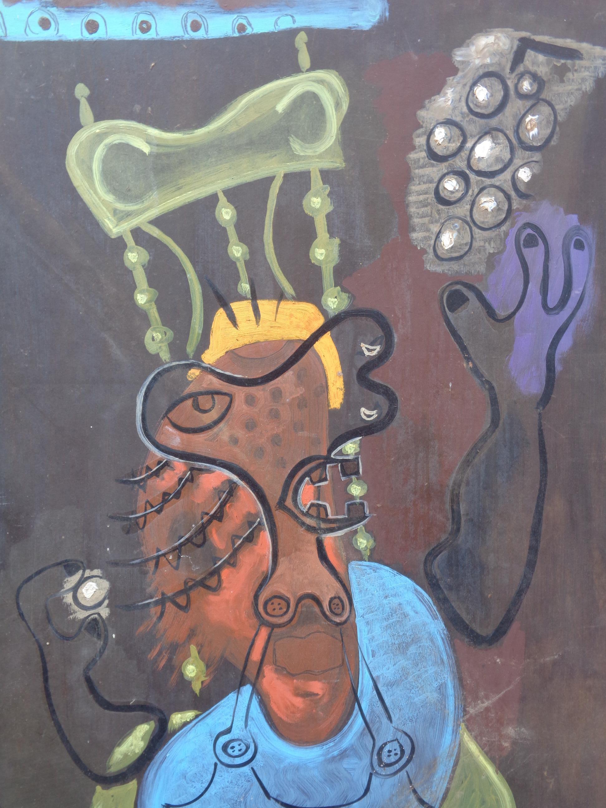 Amerikanisches abstraktes impressionistisches Ölgemälde auf Maisonit von Zoute' ( geb. Leon Salter, 1903 - 1976 / North Rose, NY ) ein Porträt seiner geliebten Frau Thelma auf einem hohen Stuhl sitzend mit einer erhobenen Hand, die eine Traube hält