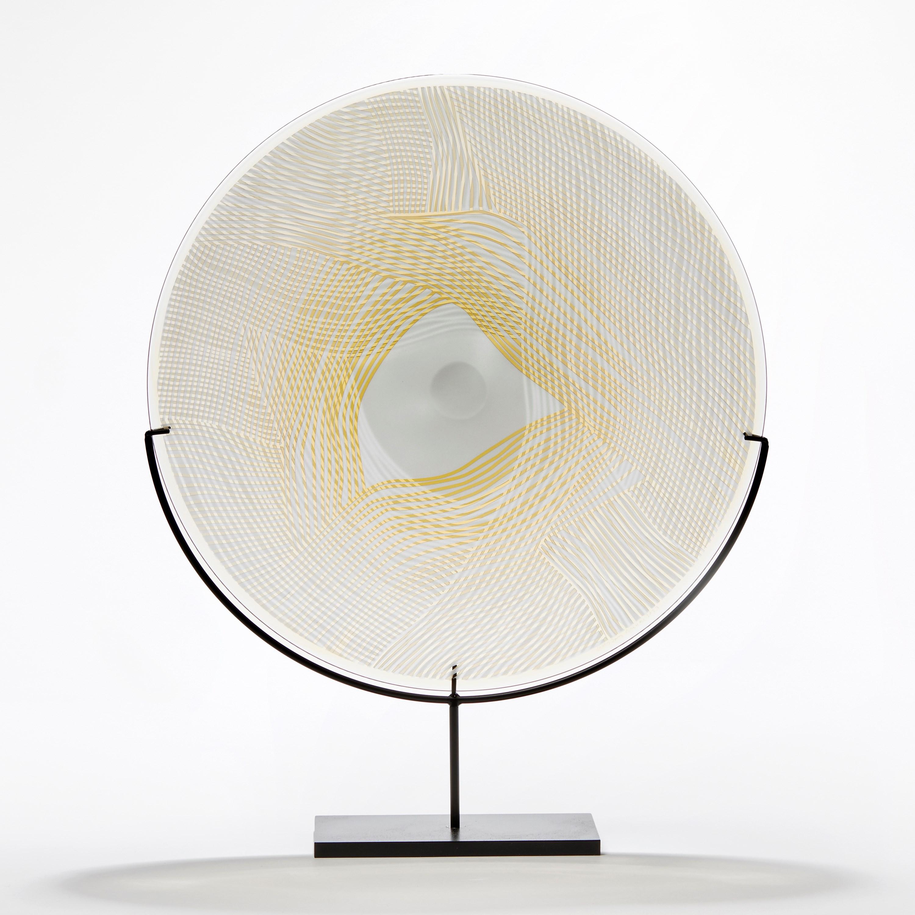 Hand-Crafted Abstract Gold over Grey, patterned glass plate with stand by Kate Jones For Sale