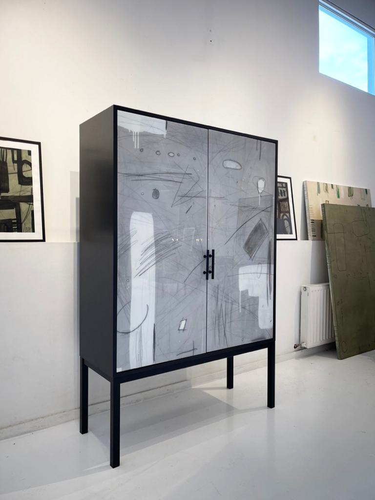 Modern Abstract in White Armoire by Morgan Clayhall, Mixed-Media Artwork on Doors For Sale