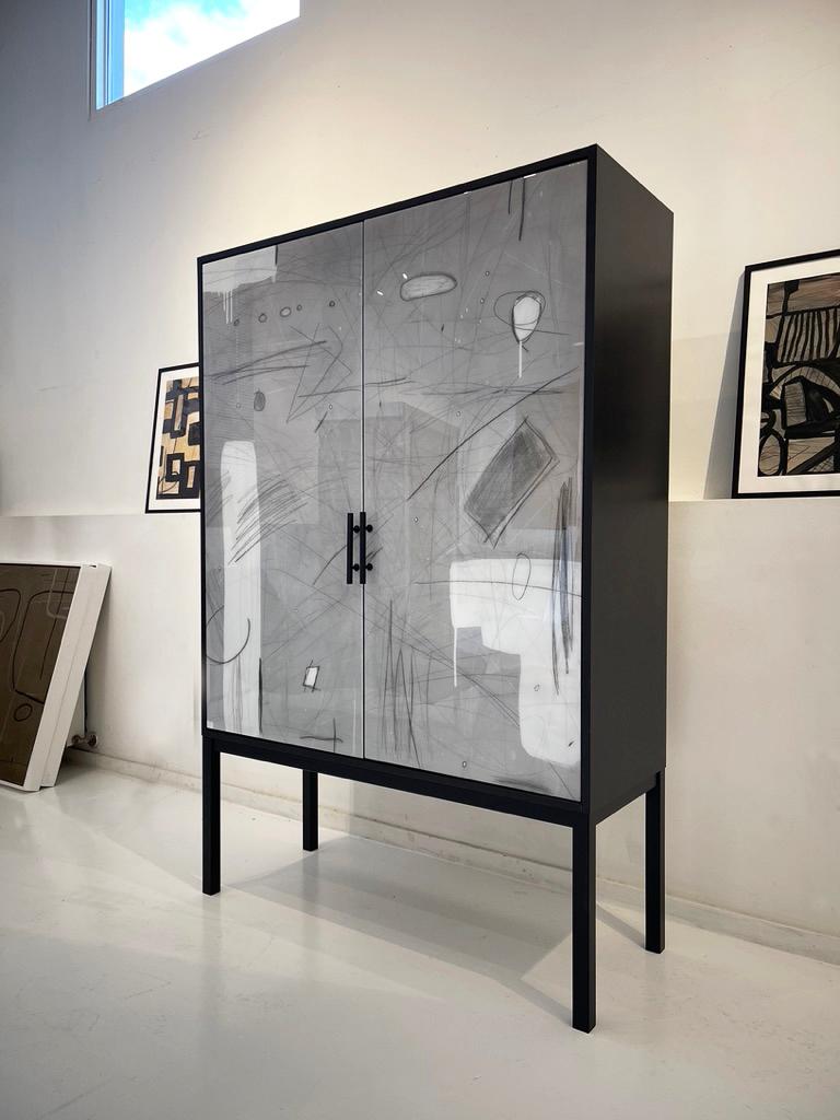 Canadian Abstract in White Armoire by Morgan Clayhall, Mixed-Media Artwork on Doors For Sale