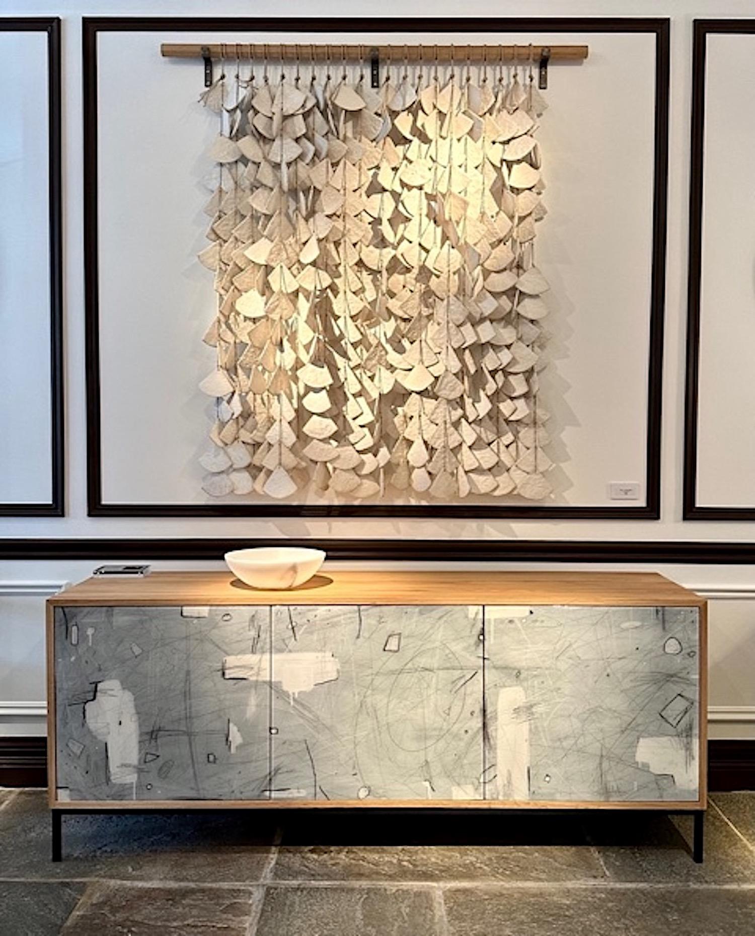 Canadian Abstract in White credenza by Morgan Clayhall, mix media artwork on doors For Sale