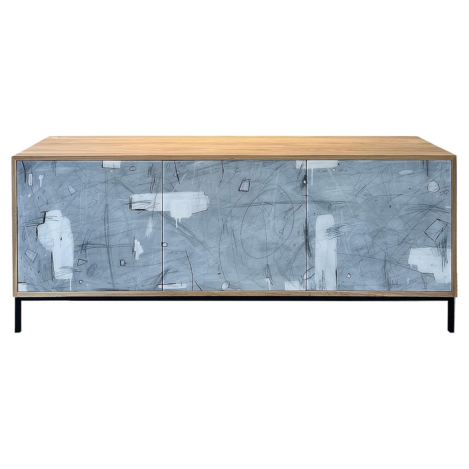 Abstract in White credenza by Morgan Clayhall, mix media artwork on doors For Sale
