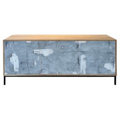 Abstract in White credenza by Morgan Clayhall, mix media artwork on doors