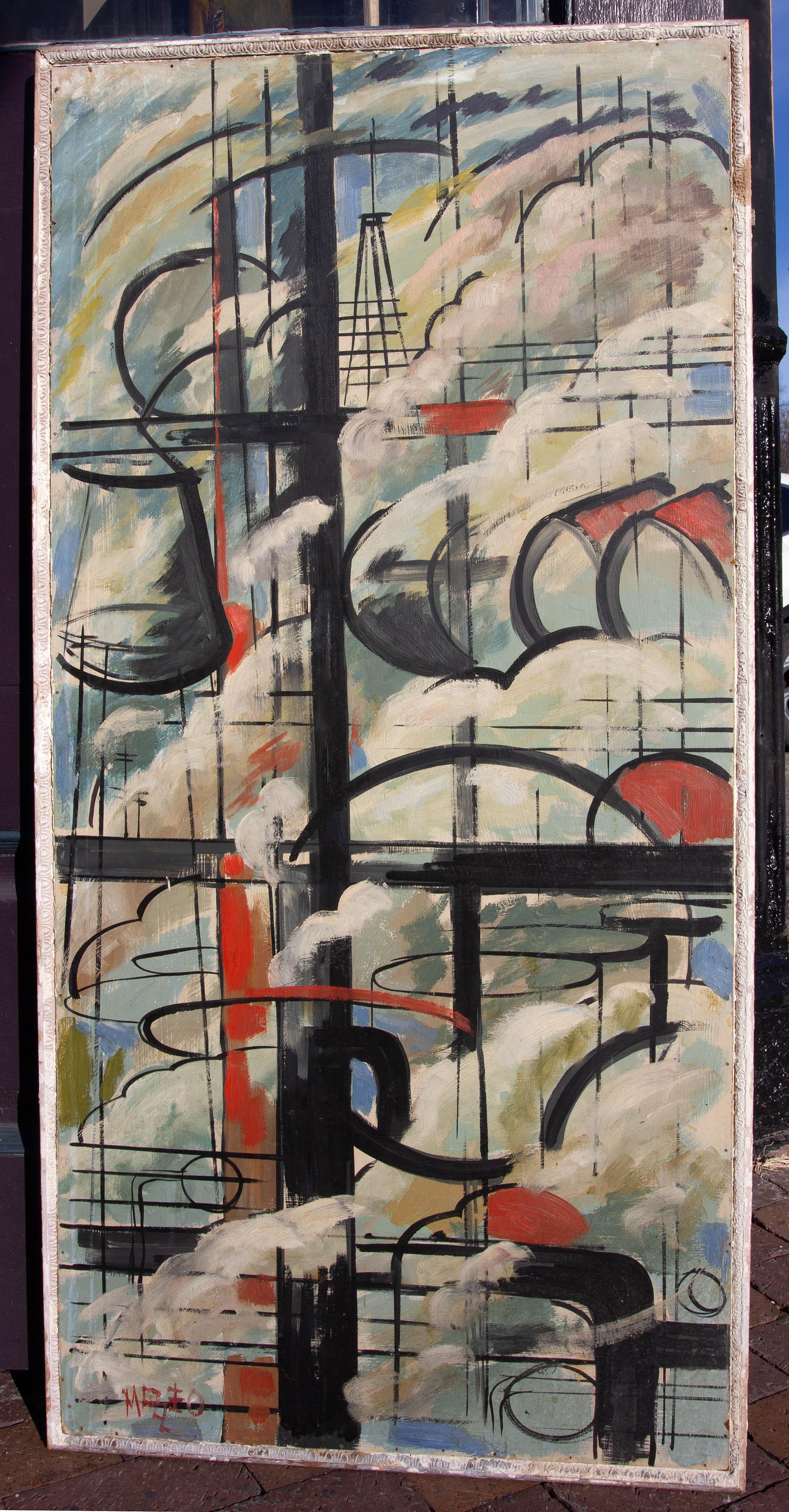 Bold modernist industrial painting. Oil on Masonite. Signed Mazzio?, circa 1960s.