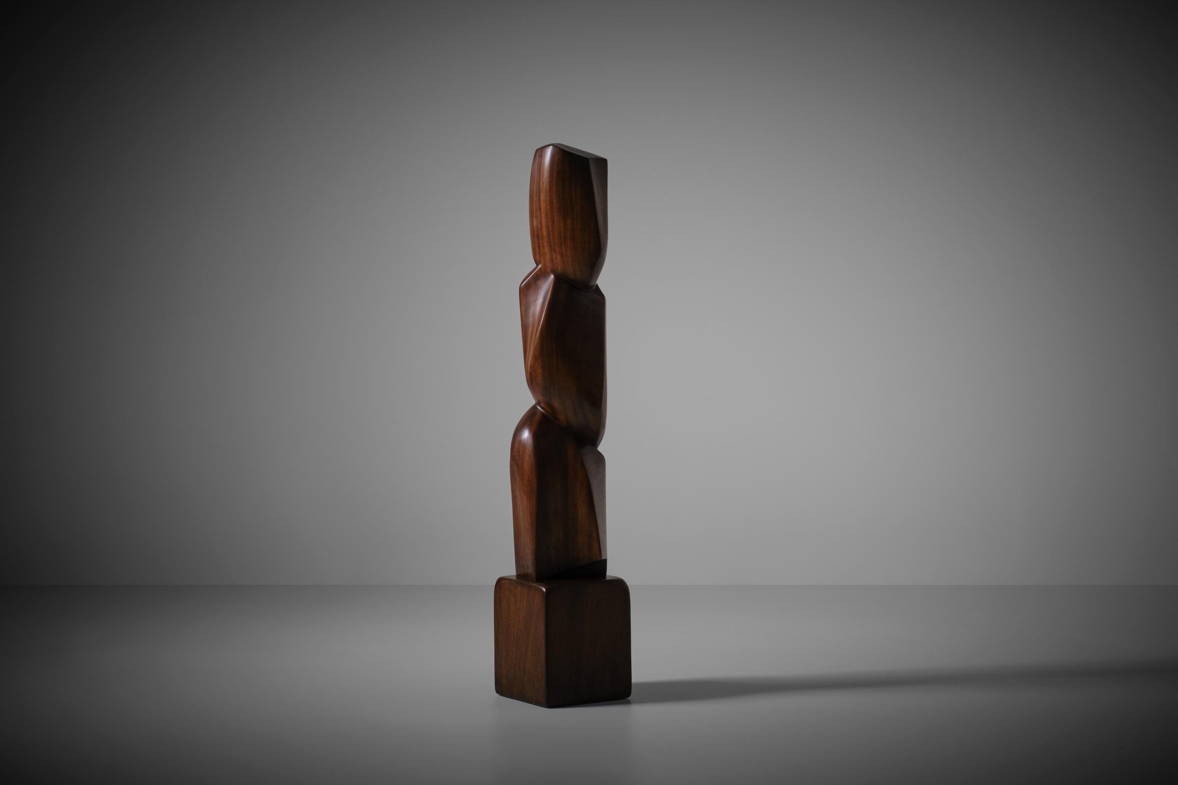 Dutch Abstract Iroko Wooden Sculpture by COR Dam, 1970s