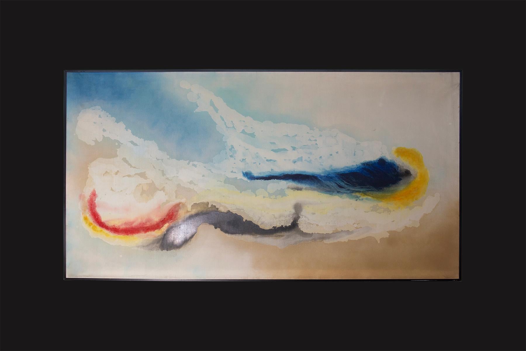 Be captivated by the evocative power of this postmodern Italian abstract painting, made in the 1970s. The work, signed in an unreadable manner, is a perfect example of contemporary period art, in which the expressiveness of color and compositional