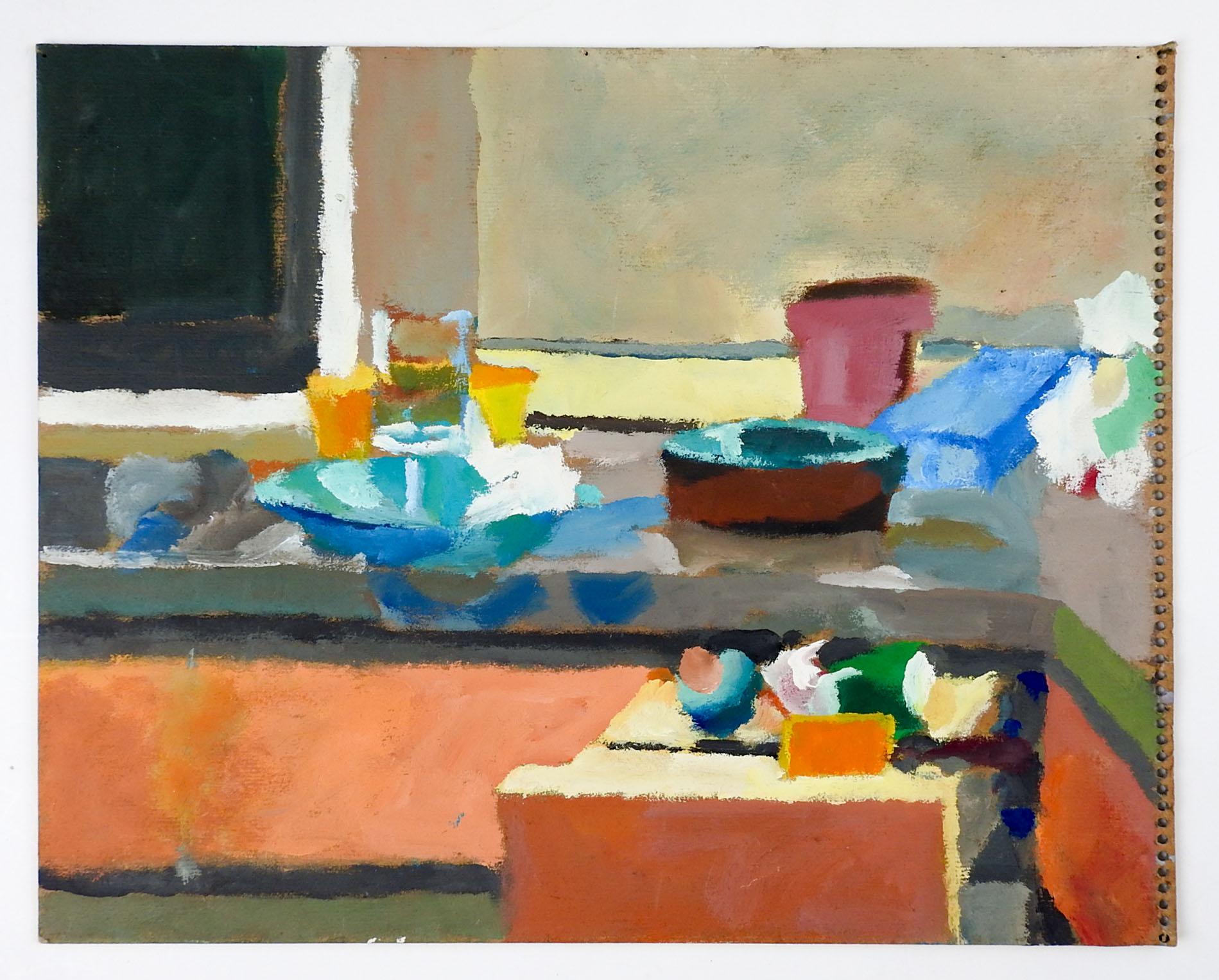 Oil on artist board abstract view of kitchen counter by Marilyn Lanfear (1930-2020) Texas, circa late 20th century. Unsigned. Unframed, directly from the artists estate, edge wear.