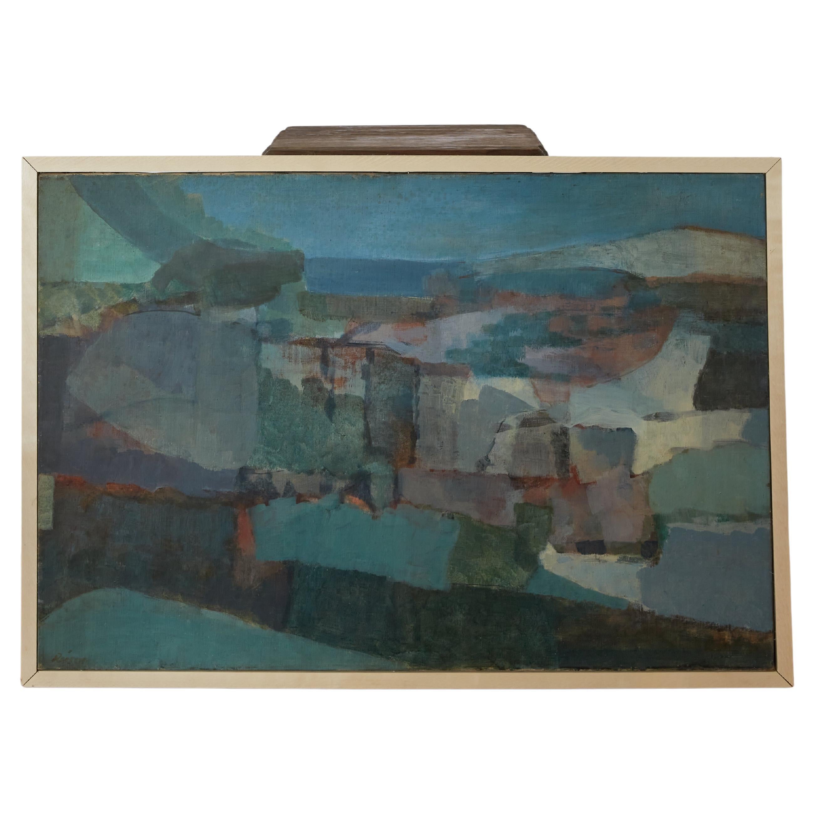 Abstract Landscape Painting in Green and Blue Tones in Frame, signed "Reiser"  For Sale