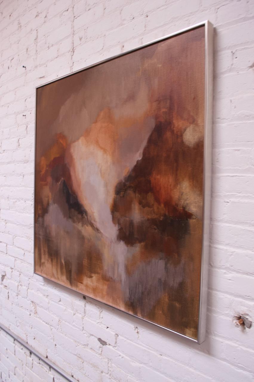 American oil on canvas signed De Landry, circa 1970s. Appears to be an abstraction of a landscape, with an attractive color combination of muted earth tones (beiges and browns) with black and burgundy details. 
Measures: H 36:25