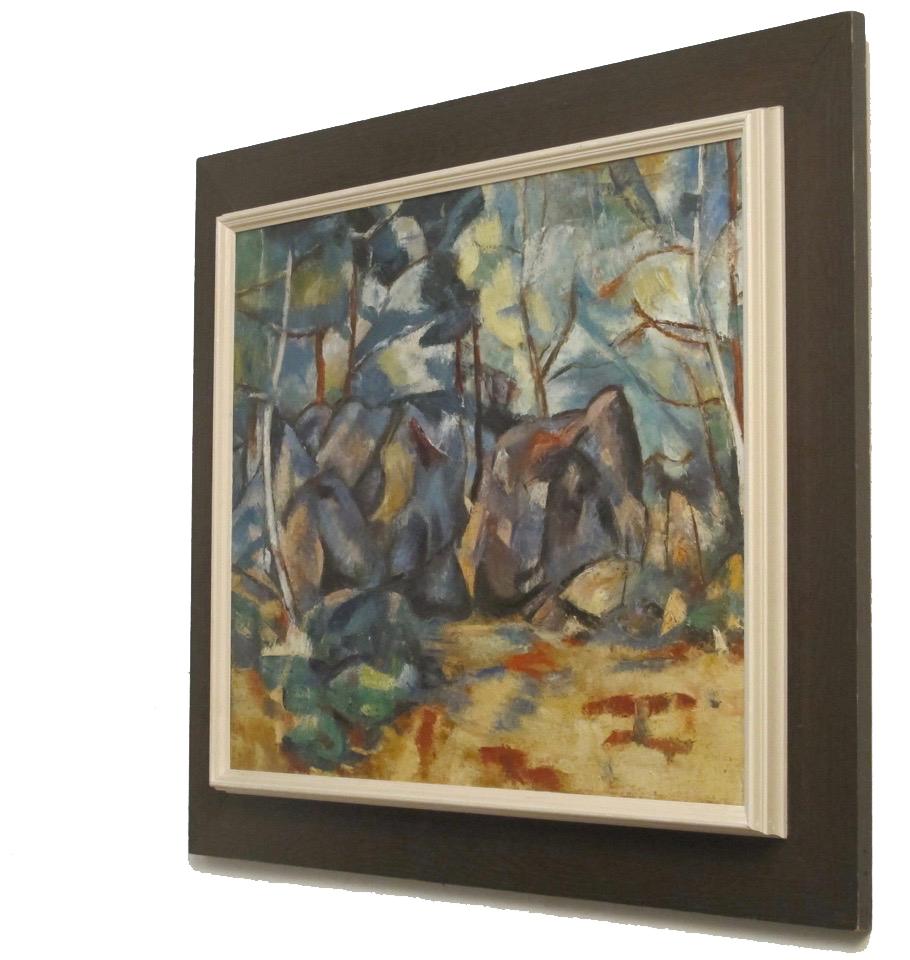 Abstract landscape forest scene painting, oil on canvas in original wood frame, attributed to California artist Kathy Maine. American, last half 20th century.
The inner sight measures 20 inches high x 24 inches wide.