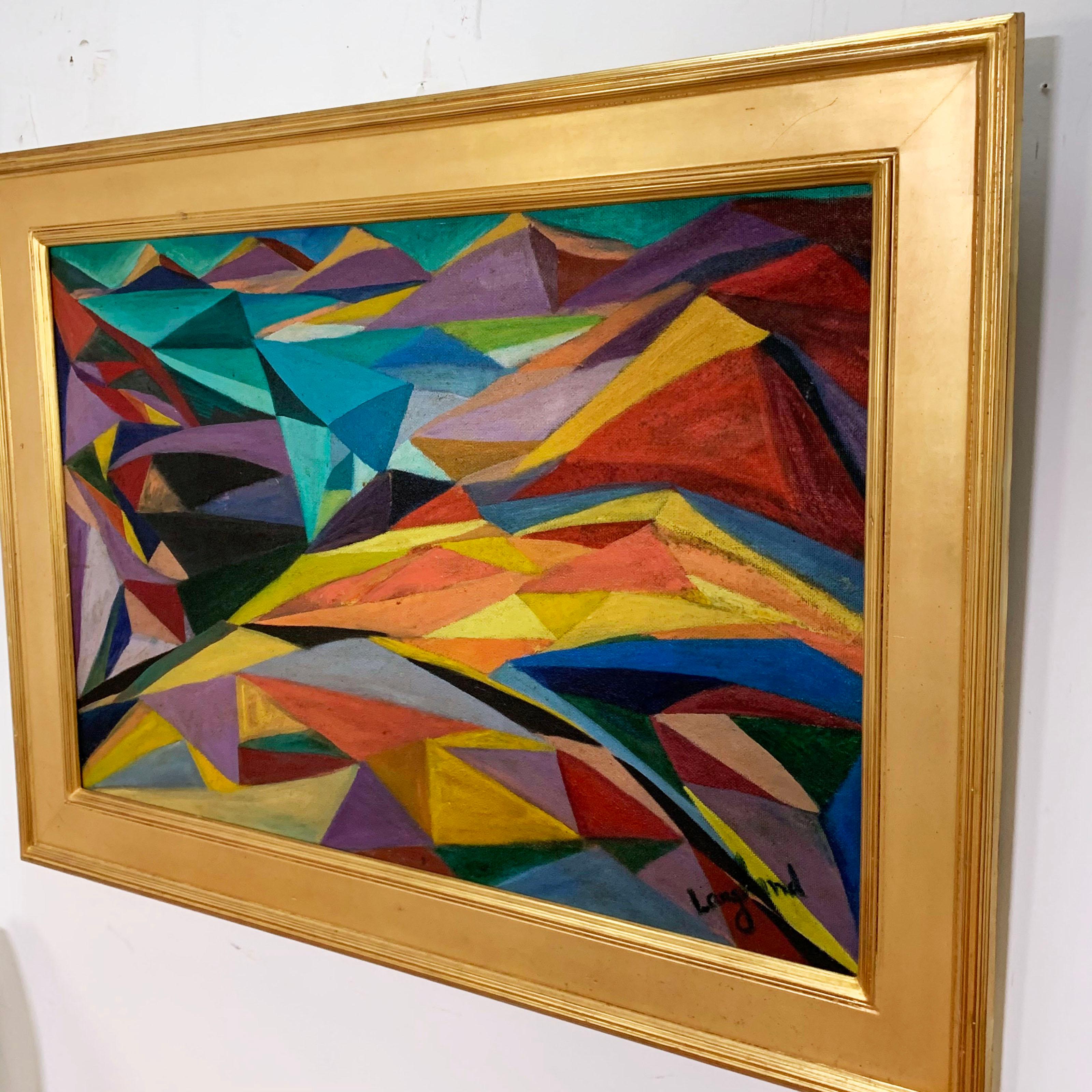 An abstract painting, oil on masonite, circa late 1940s, depicts the landscape of the Laramie, Wyoming river valley with the Medicine Bow Mountains in the distance. The artist, Judith Gail (Wood) Langland was the wife of the famous American poet