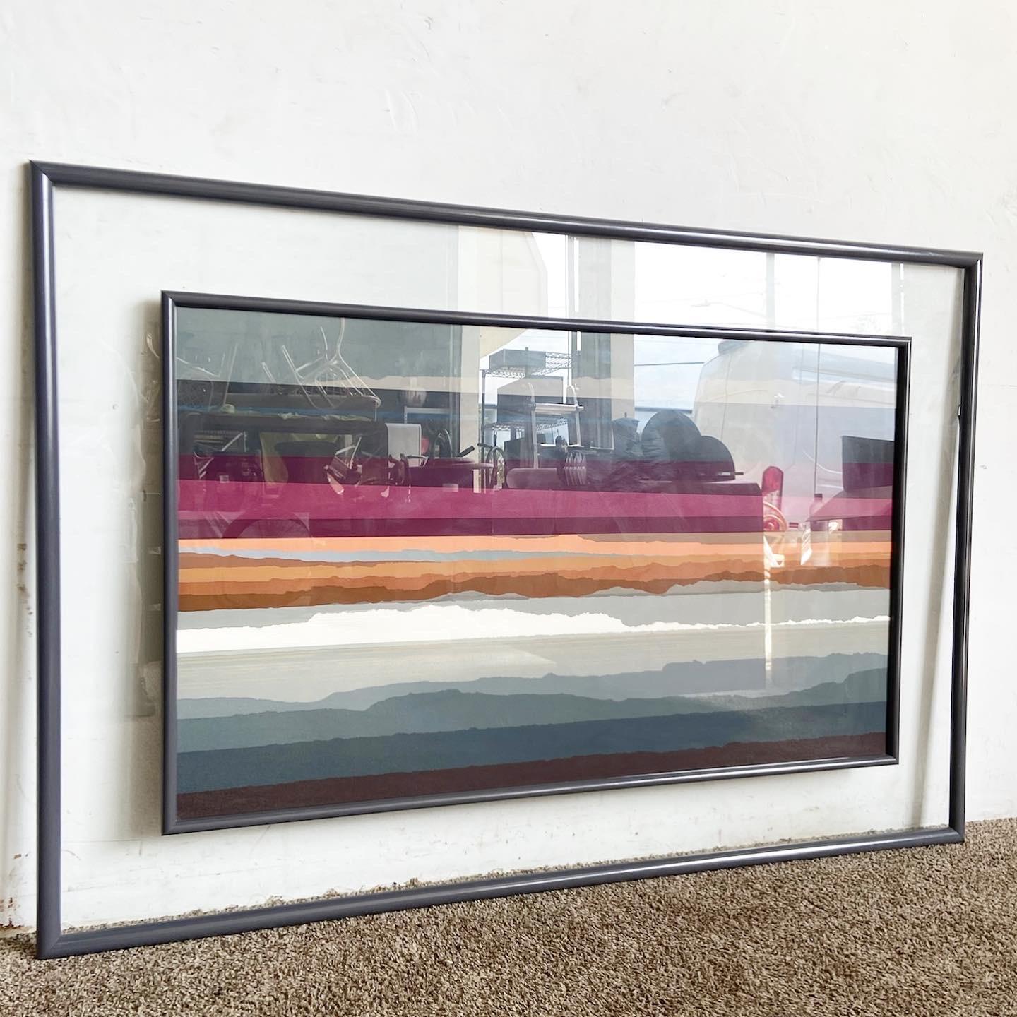 Immerse yourself in the artistry of this Signed Abstract Landscape Lithograph. Numbered 84/285, this limited-edition piece captivates with its vivid mountain-scape and colorful sunset, framed in modern acrylic.
Wooden exterior of frame has a crack