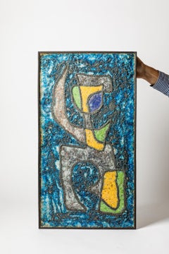 abstract large blue and colored decorative art molten glass wall pannel 1960