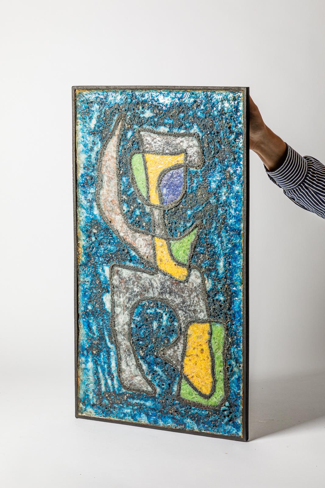 Mid-Century Modern abstract large blue and colored decorative art molten glass wall pannel 1960 For Sale