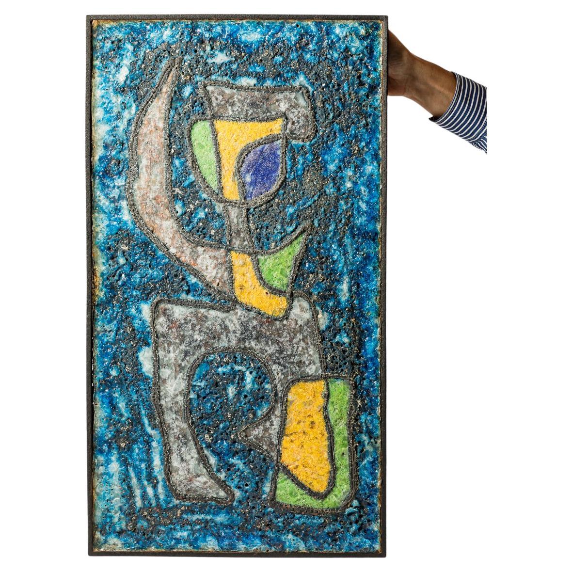 abstract large blue and colored decorative art molten glass wall pannel 1960 For Sale