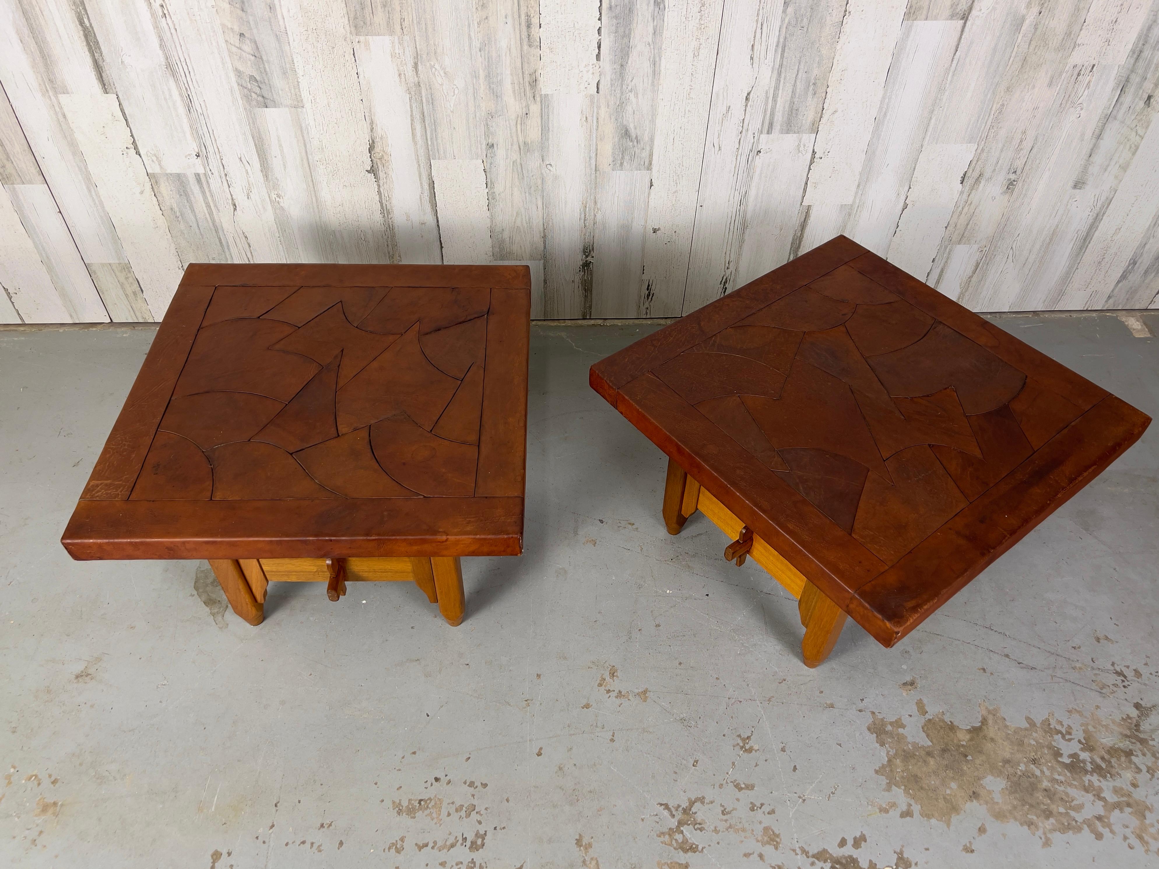 Mid-Century Modern Abstract Leather Top End Tables by 