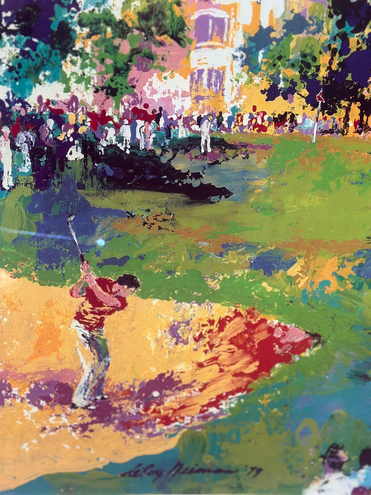 A colorful serigraph depicting an abstract illustration of a golf tournament, made by the renowned artist Leroy Neiman; depicting a golf competitor as the main focal point and spectators around him. It is protected by a newly framed and matted gilt