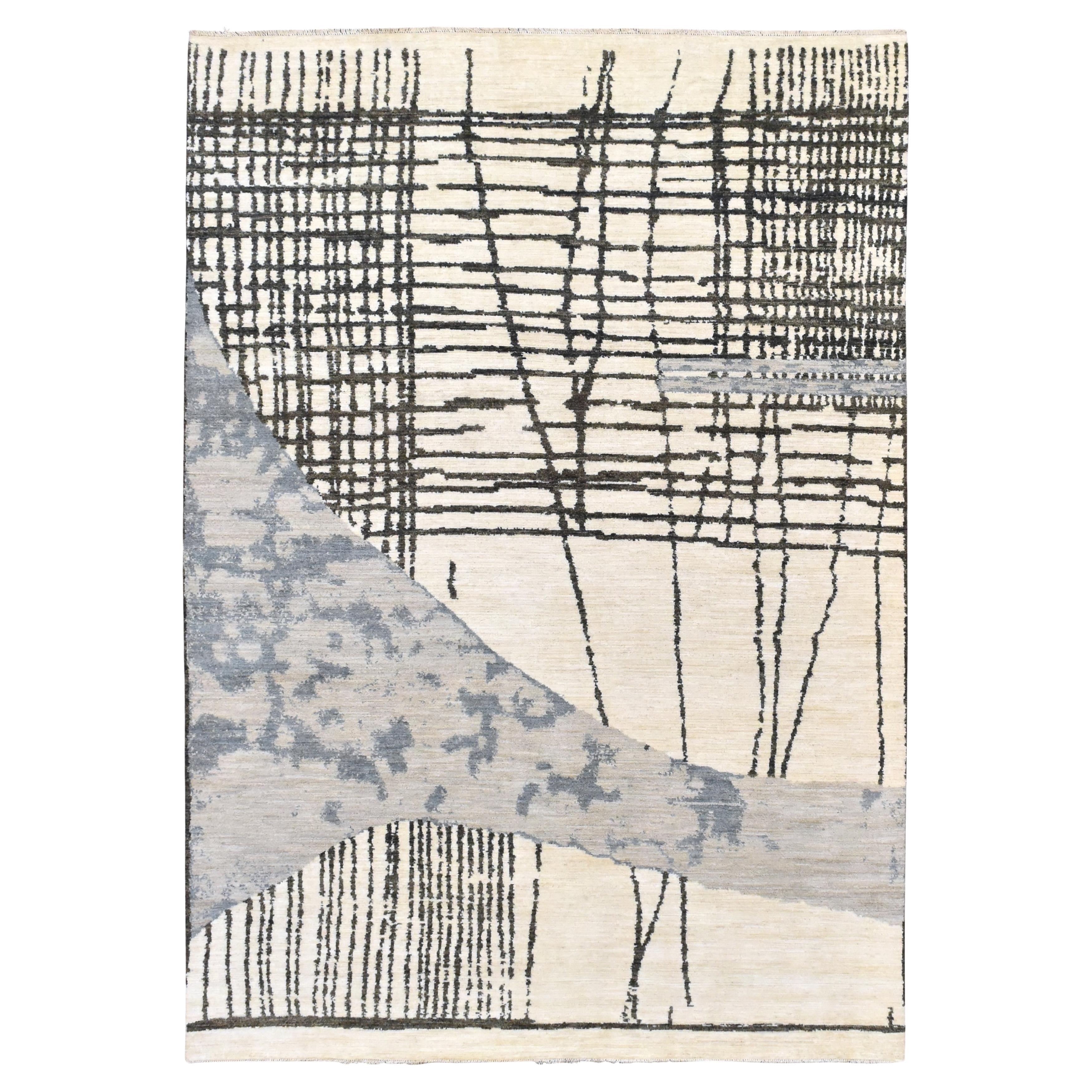 Abstrakter, linearer, flow-designter Wollteppich 8'8''x12'3''