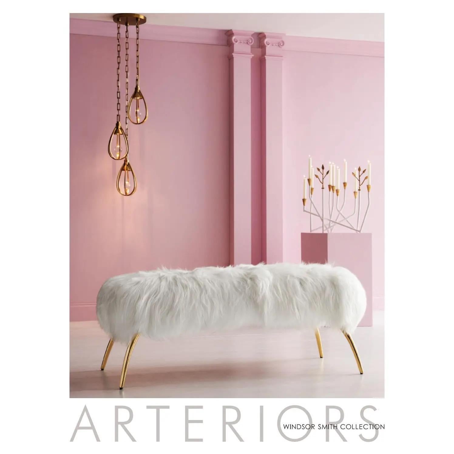 Arteriors Brass Bench Reupholstered in Blush Linen in vendita 11