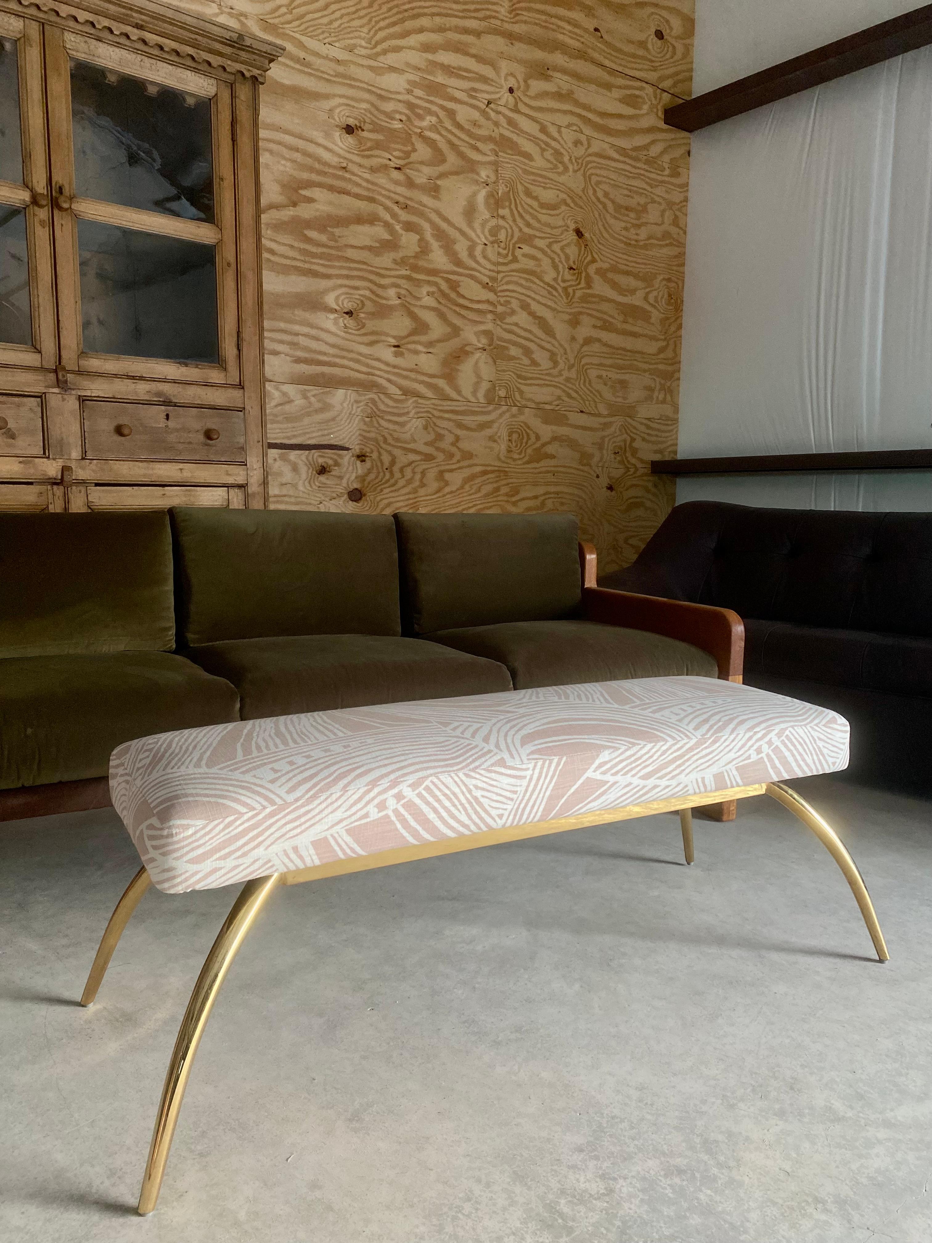 Fatto a mano Arteriors Brass Bench Reupholstered in Blush Linen in vendita