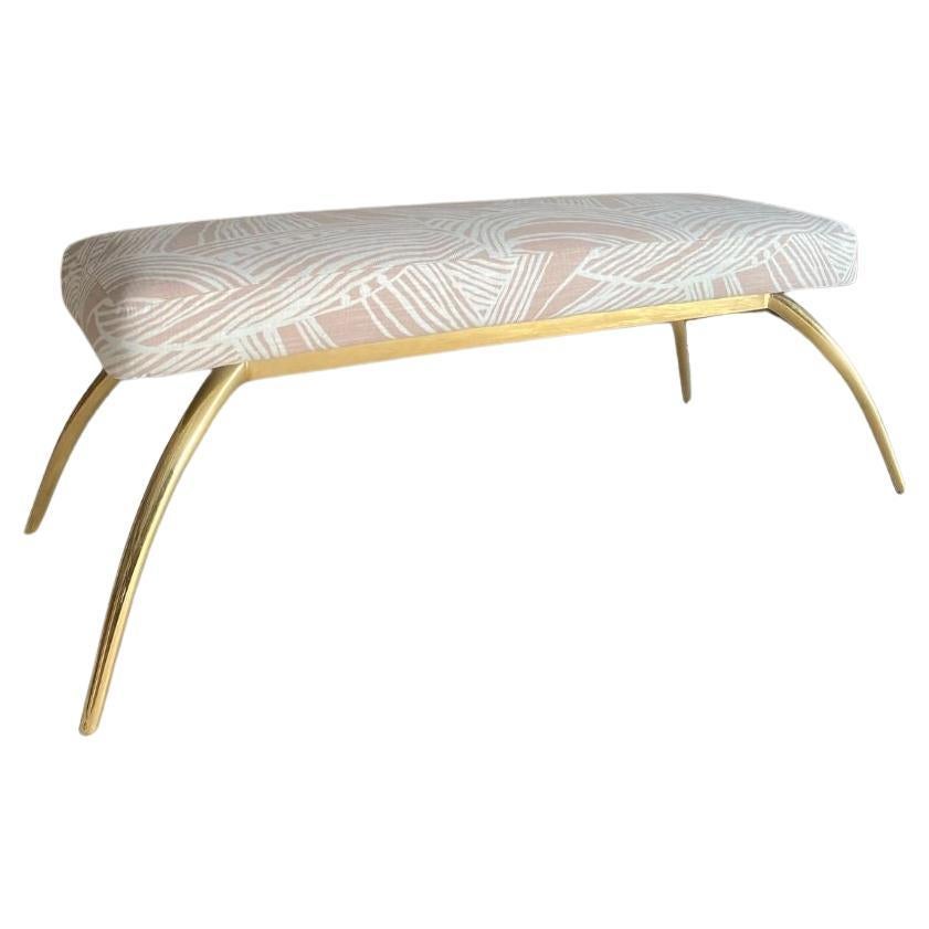 Arteriors Brass Bench Reupholstered in Blush Linen in vendita
