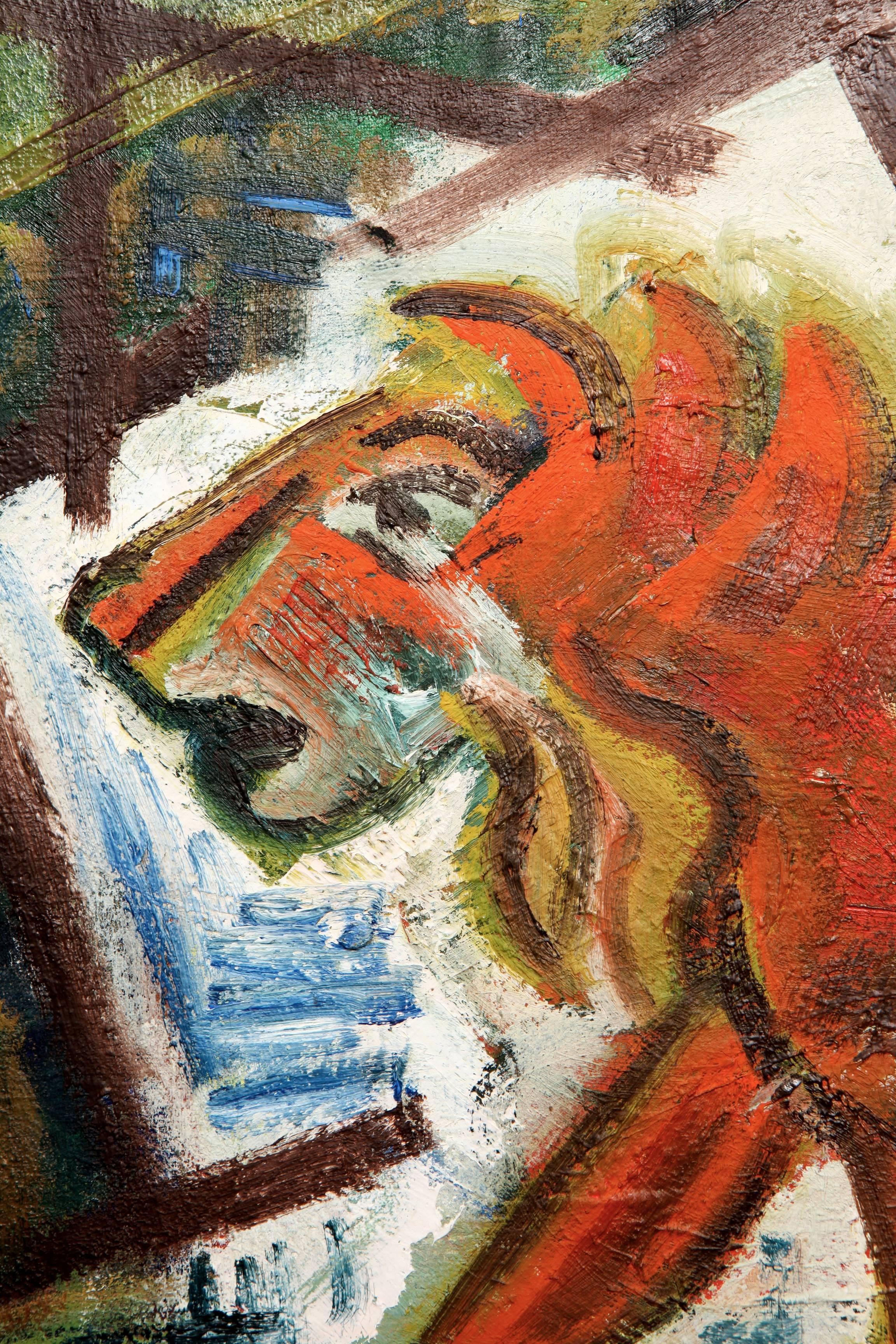 Fabuleux tableau abstrait français représentant un lion, trouvé lors d'une foire aux antiquités dans le sud de la France. La palette de couleurs des bleus, des verts et des oranges crée cette bête frappante. Huile sur toile non signée mais