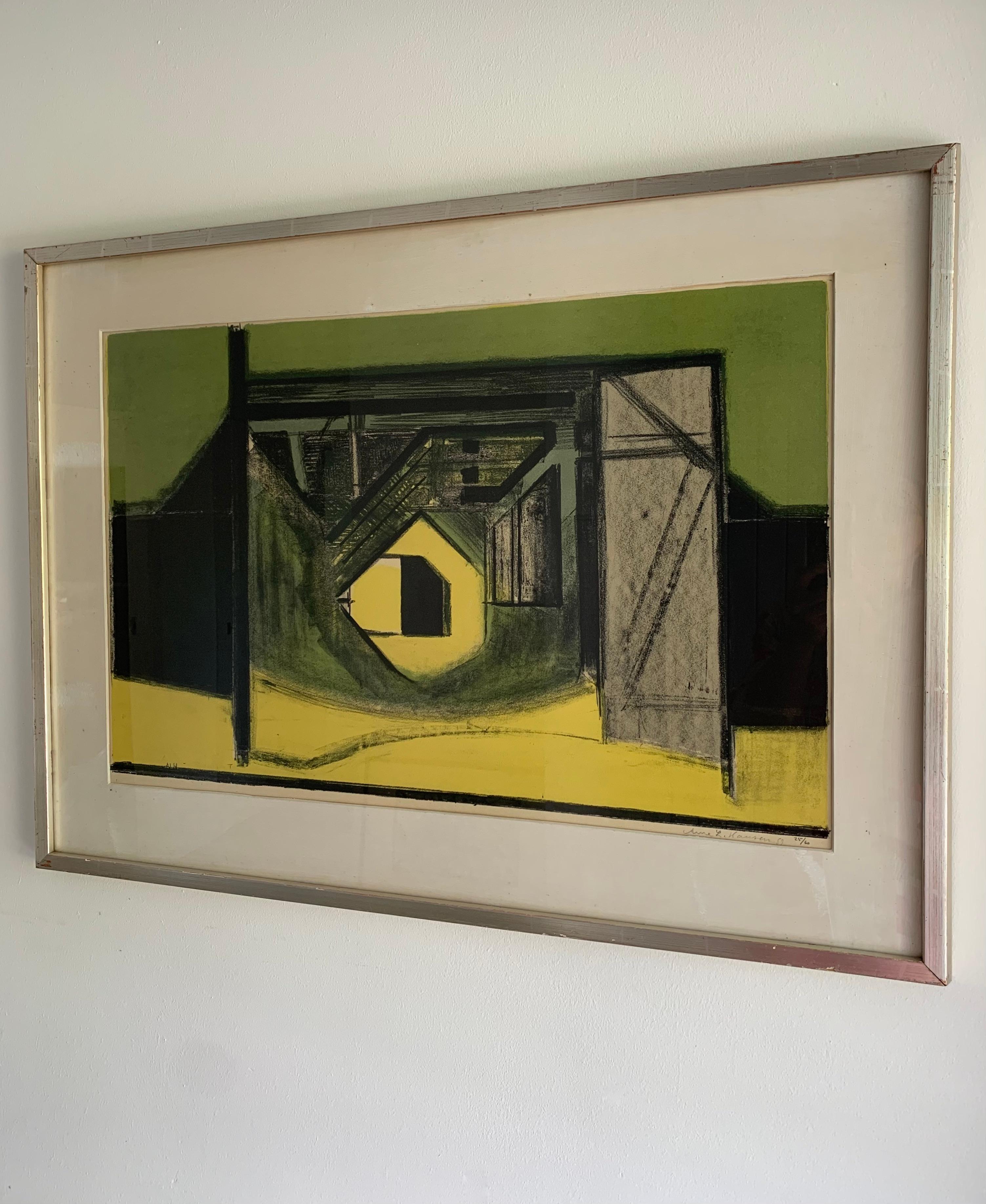 Colour lithograph by Danish painter, graphic artist and ceramicist Arne L. Hansen (1921-2009).

Hansen, who studied at the Royal Danish Academy of Fine Arts in Copenhagen, found his inspiration in 1948 during a bicycle trip to Skagen. The low